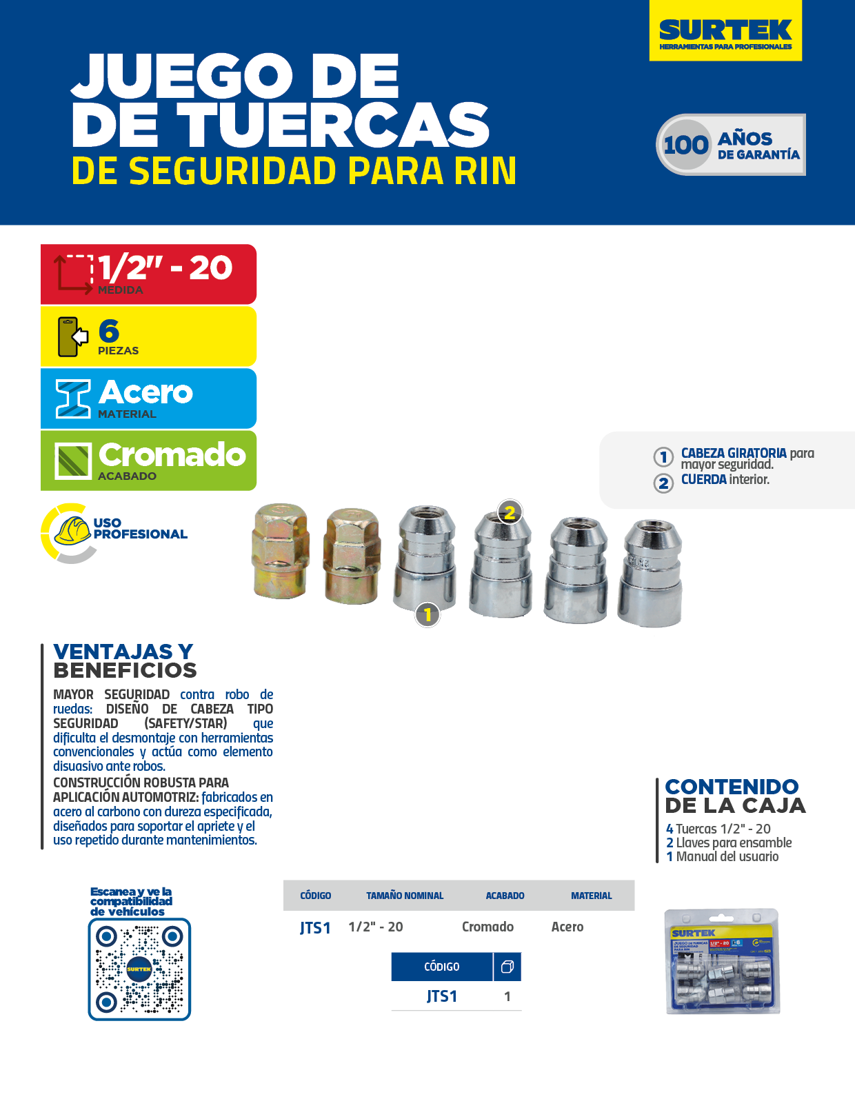 JTS1 Juego de tuercas de seguridad para rin, 6 piezas, 1/2" x 2" Surtek - Imagen 2