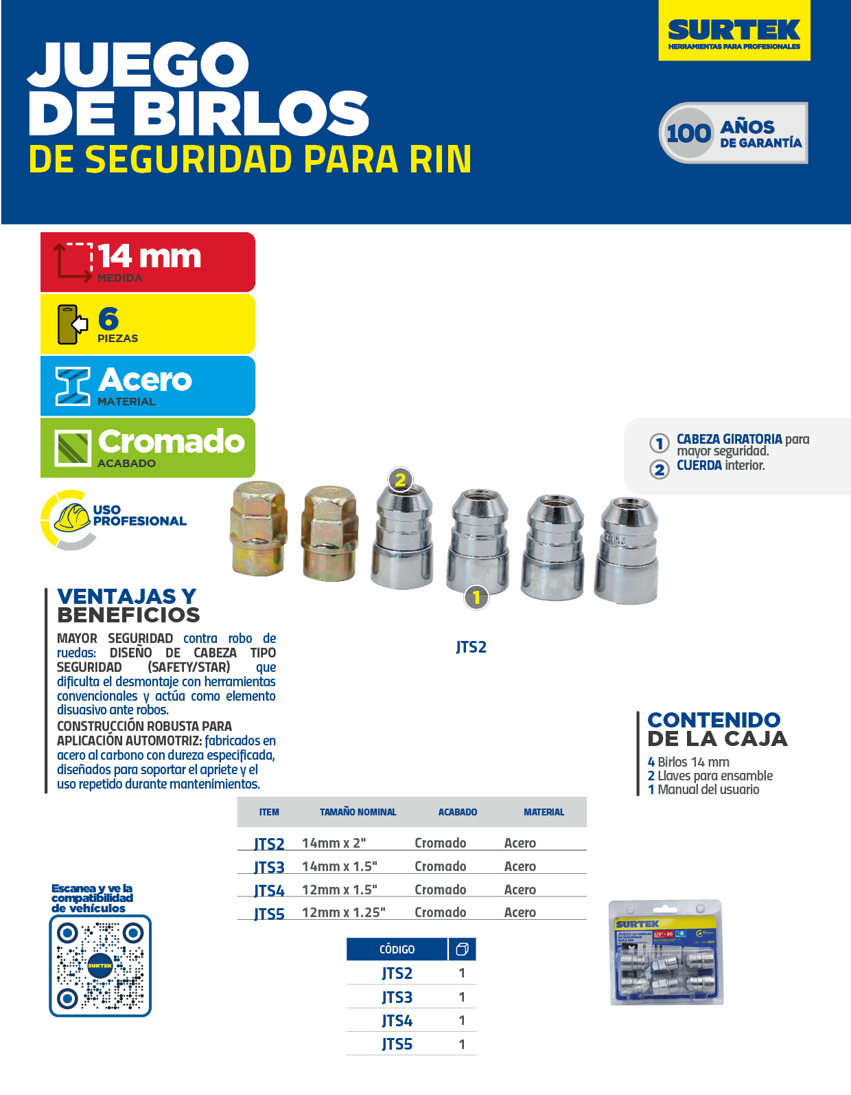 JTS2 Juego de tuercas de seguridad para rin, 6 piezas, 14mm x 2" Surtek - Imagen 2