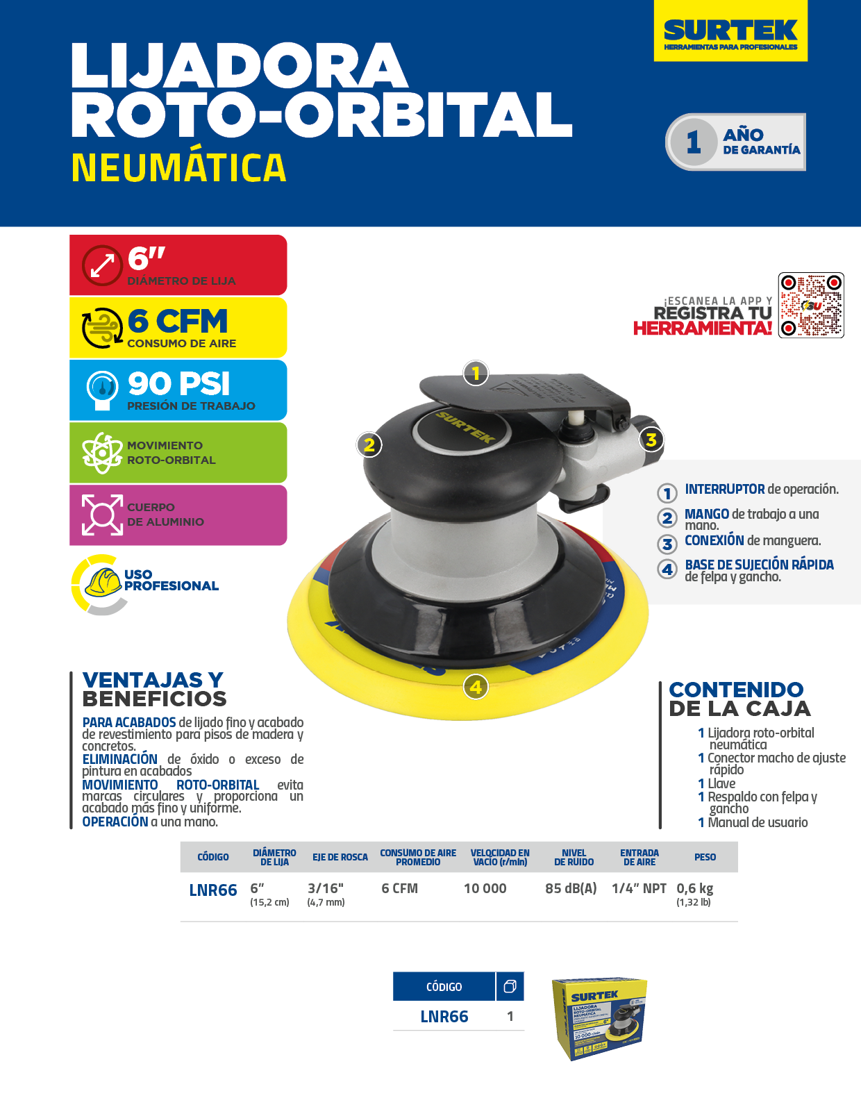 LNR66 Lijadora neumática rotativa 6" 10,000 RPM, eje de 3/16" Surtek - Imagen 2
