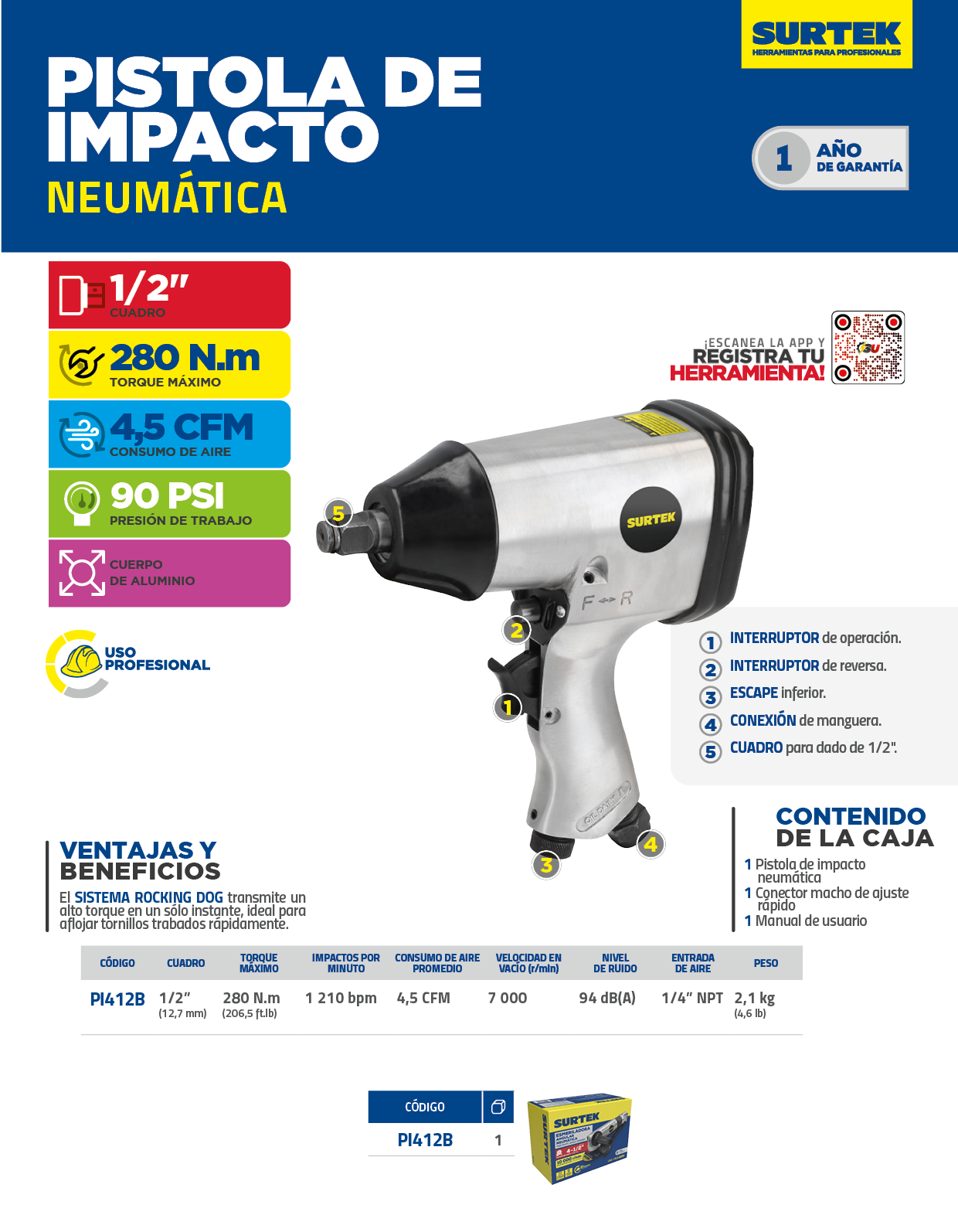 PI412B Pistola de impacto neumática cuadro de 1/2" 207 Ft-lb sistema rocking dog Surtek - Imagen 2