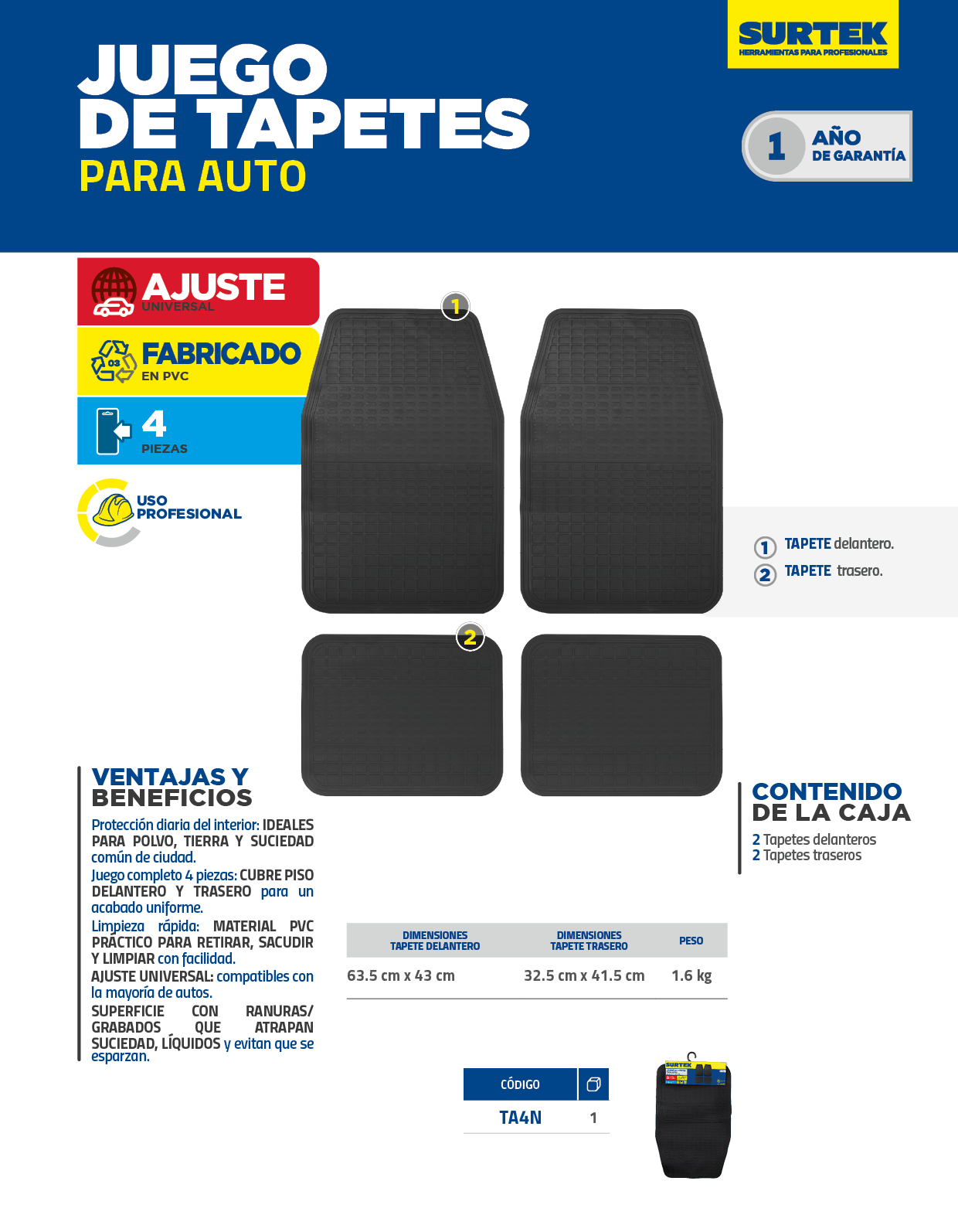 TA4N Juego de tapetes para auto, 4 piezas, color negro Surtek - Imagen 2