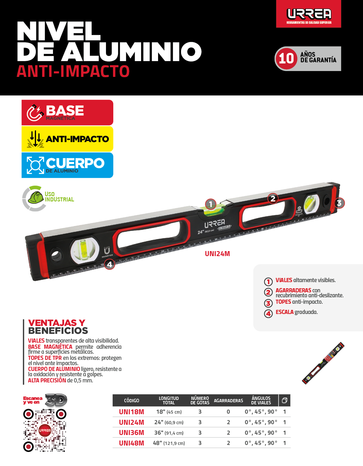 UNI36M Nivel anti-impacto magnético de aluminio 36" Urrea - Imagen 2