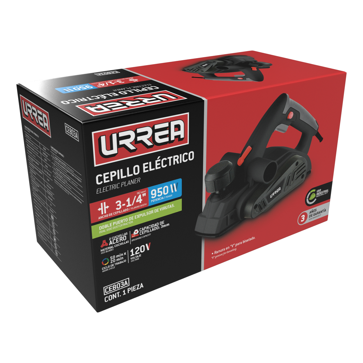 CE803A Cepillo eléctrico con perilla de ajuste de profundidad de 0 a 3 mm, 3-1/4", 950 W Urrea - Imagen 2