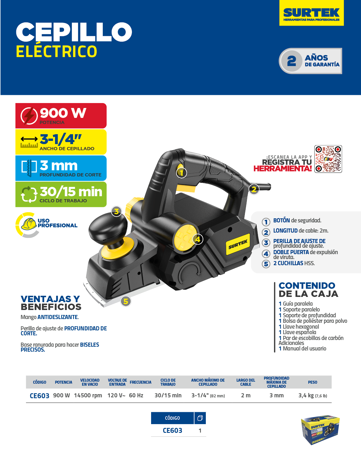 CE603 Cepillo eléctrico con perilla de ajuste de profundidad de 0 a 3 mm, 3-1/4", 900 W Surtek - Imagen 3