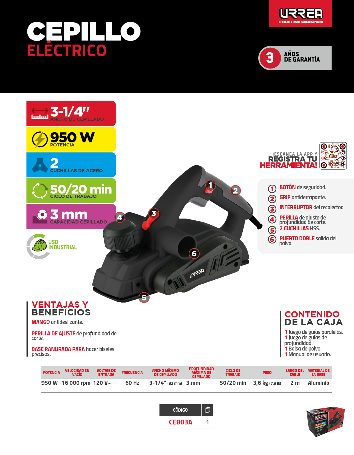 CE803A Cepillo eléctrico con perilla de ajuste de profundidad de 0 a 3 mm, 3-1/4", 950 W Urrea - Imagen 3