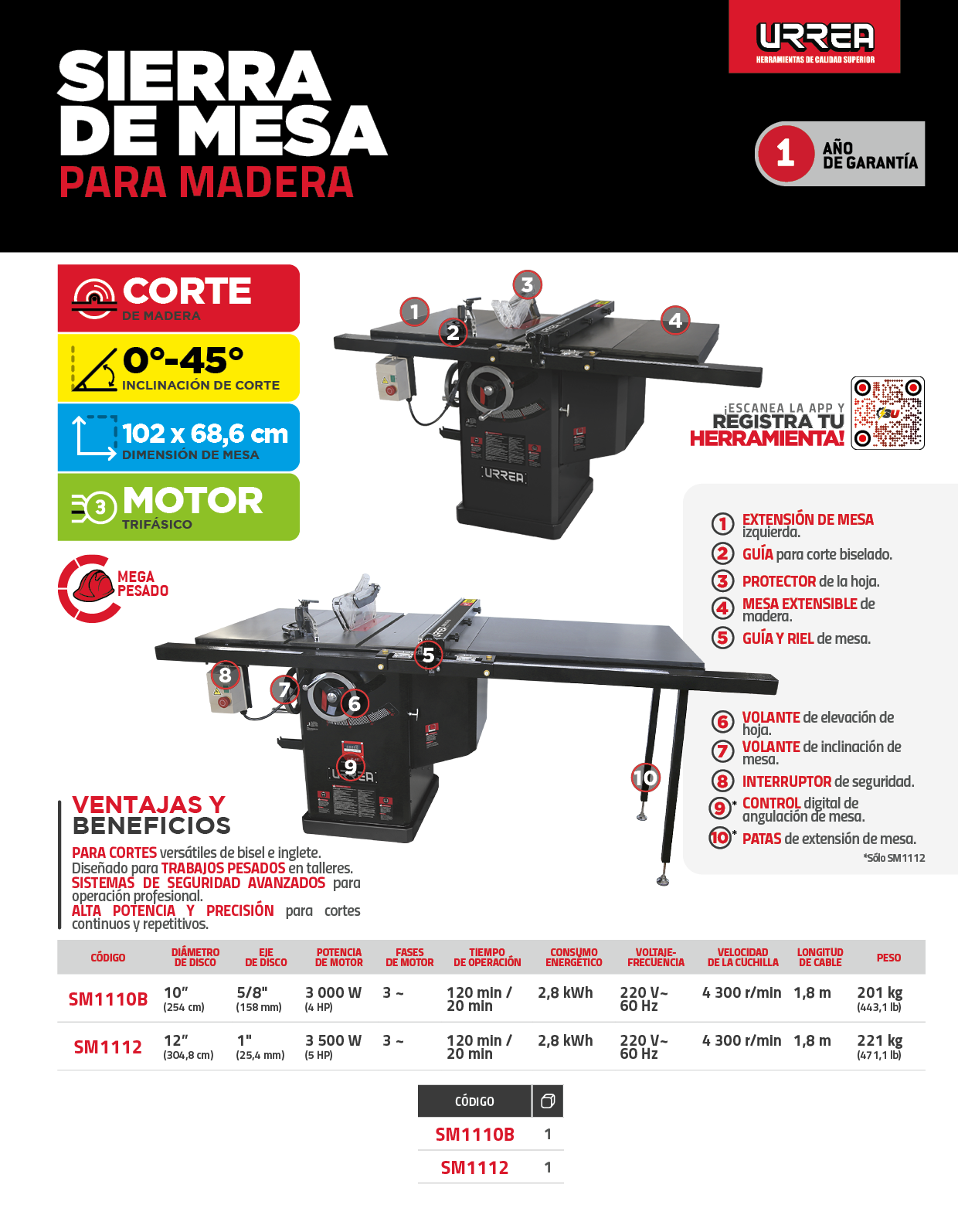 SM1112 Sierra de mesa con ducto de salida para polvo 12", 4 HP, 3000 W, 220 V, 3580 RPM Urrea - Imagen 2