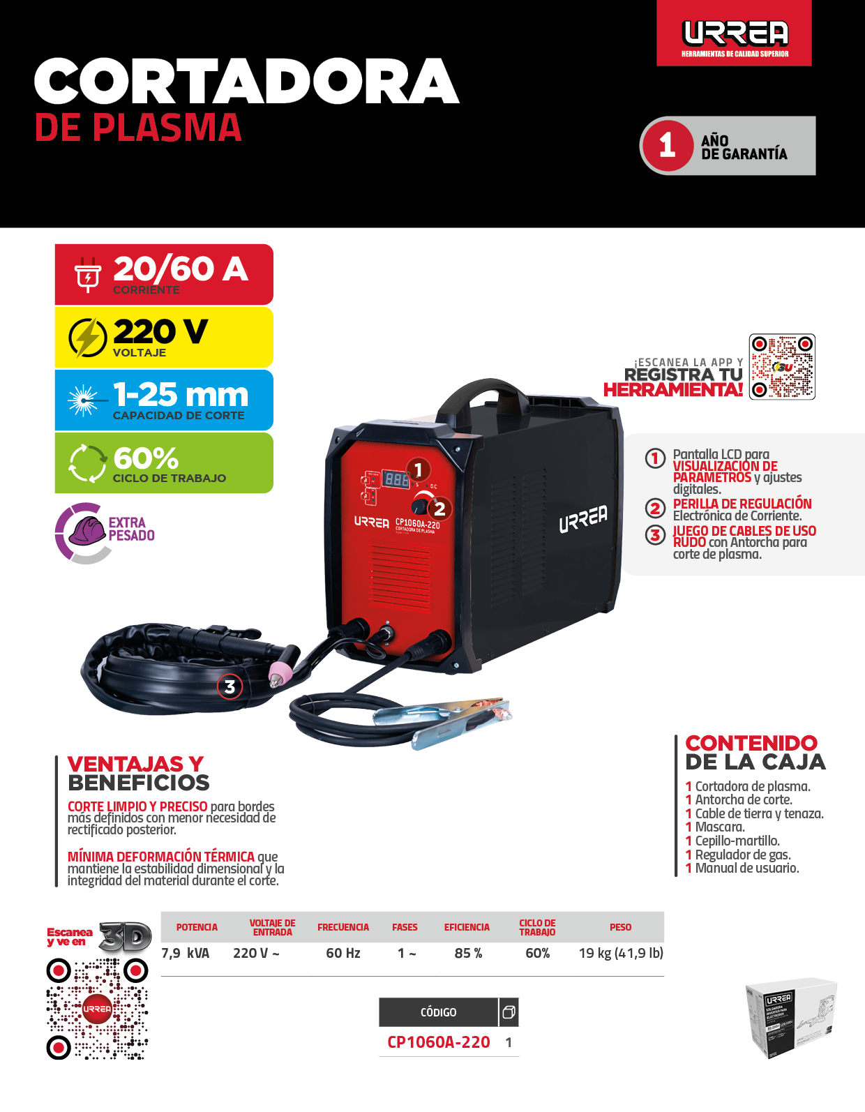 CP1060A-220 Cortadora de plasma 220 V, 60 A Urrea - Imagen 2