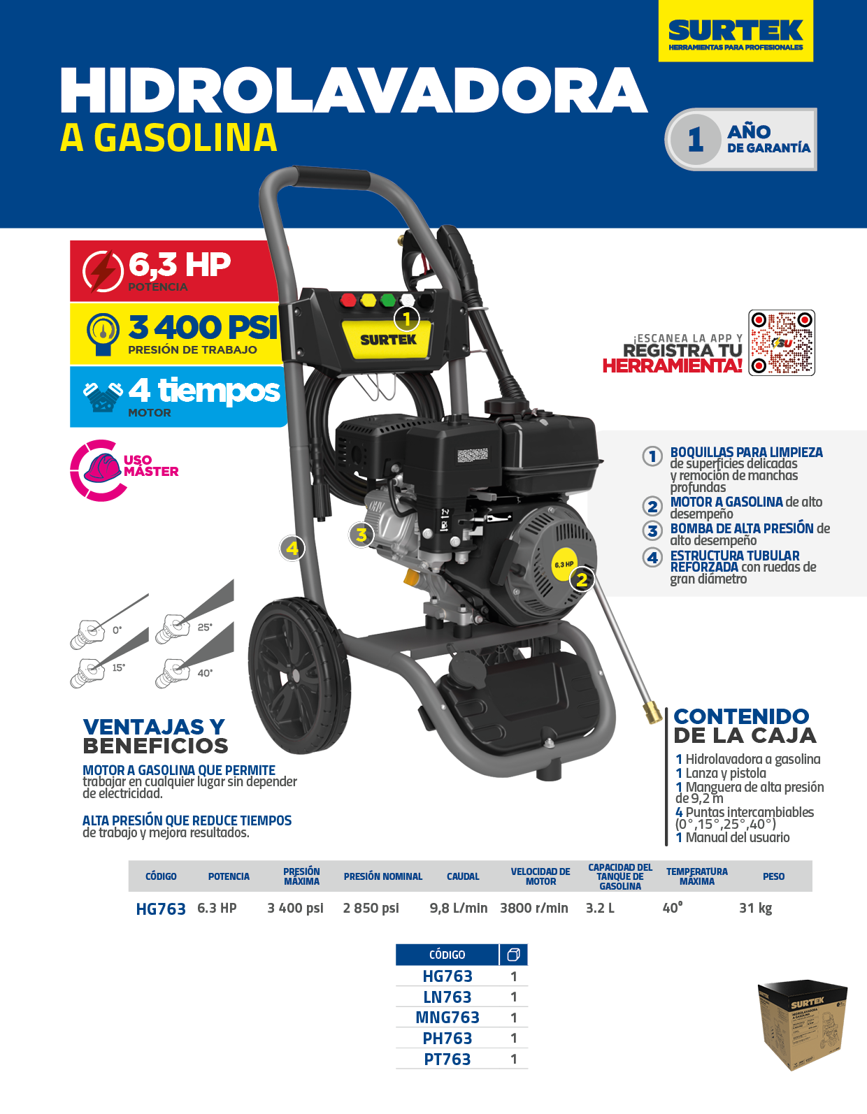 HG763 Hidrolavadora a gasolina 6.3 HP 3400 PSI, 9.8 Lt por minuto Surtek - Imagen 3