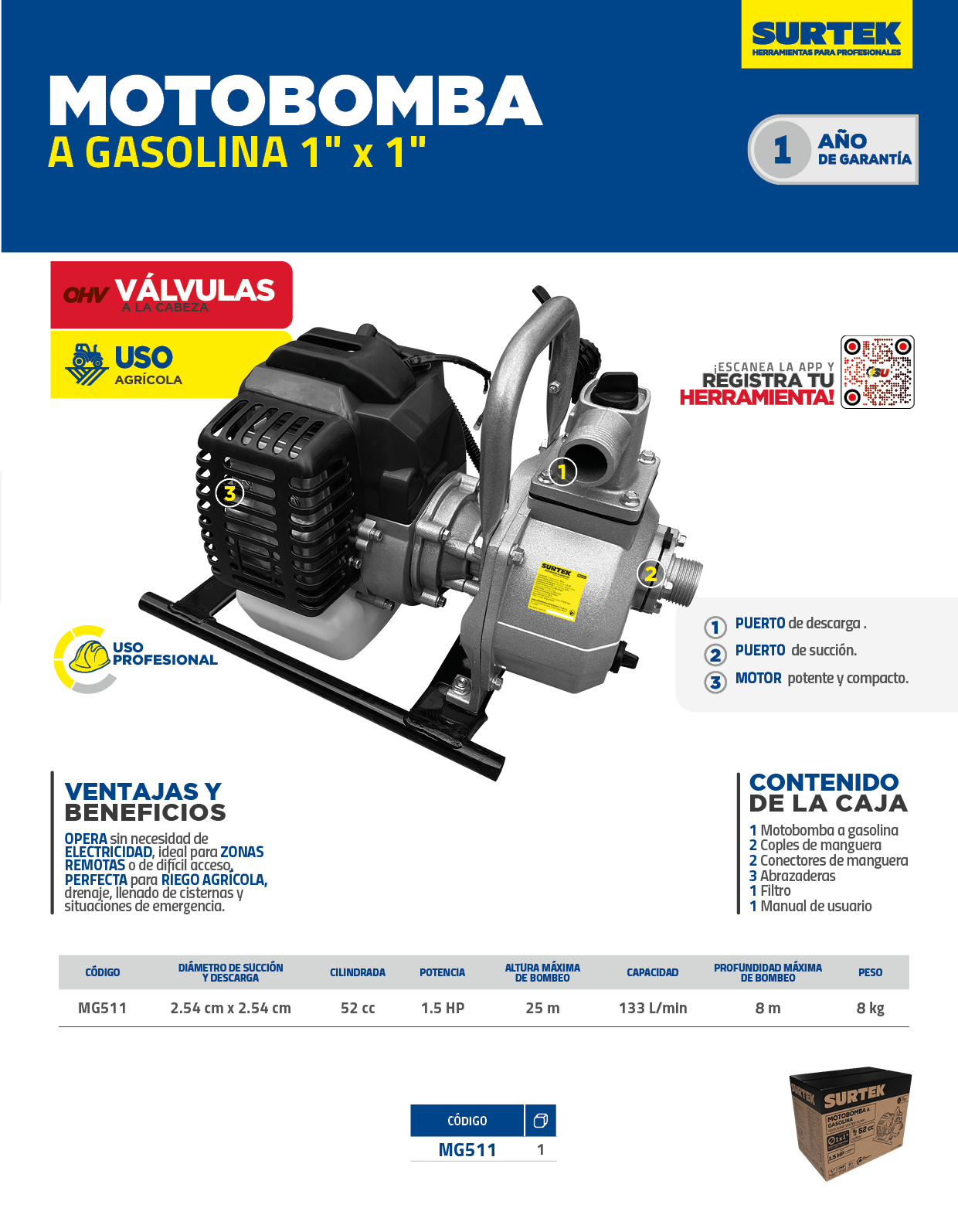 MG511 Motobomba a gasolina con diámetro de succión y descarga de 1x1", 1.5 HP Surtek - Imagen 3