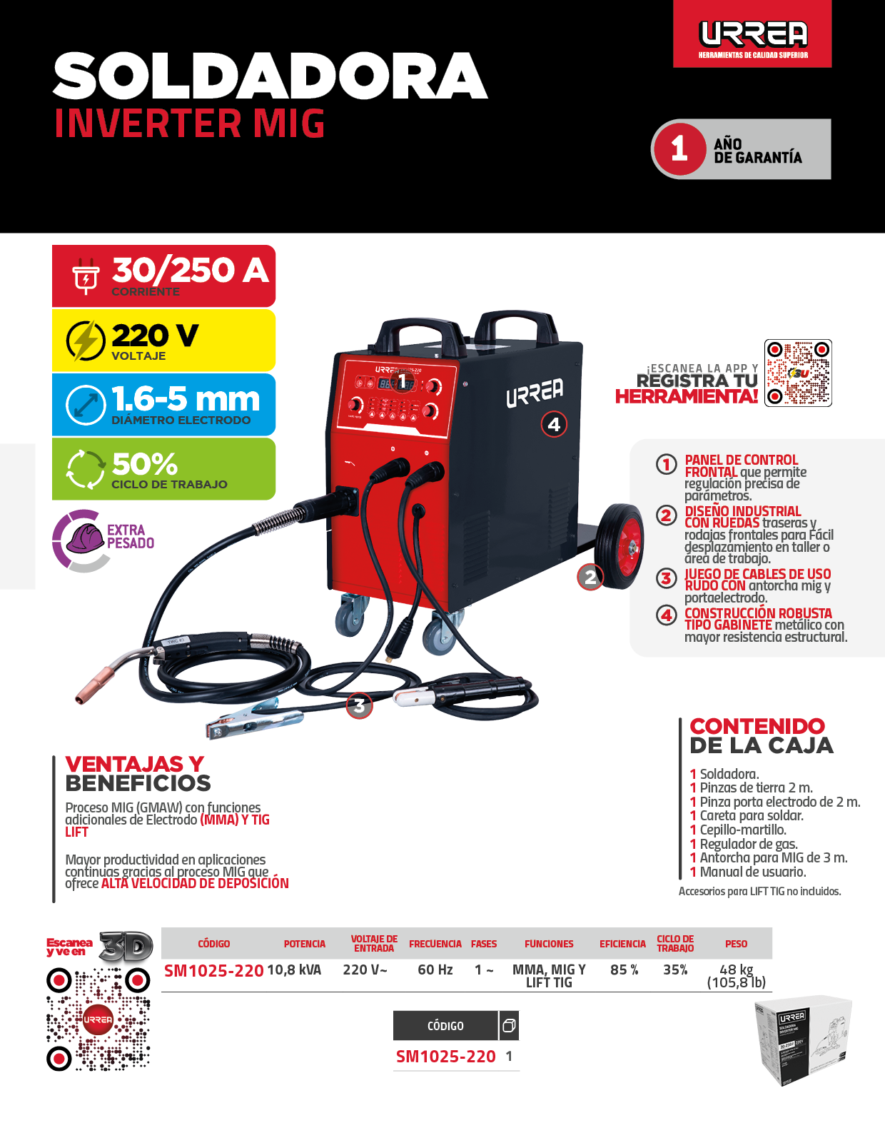 SM1025-220 Soldadora inverter para uso con microalambre de 1 fase 220 V, 250 A Urrea - Imagen 2
