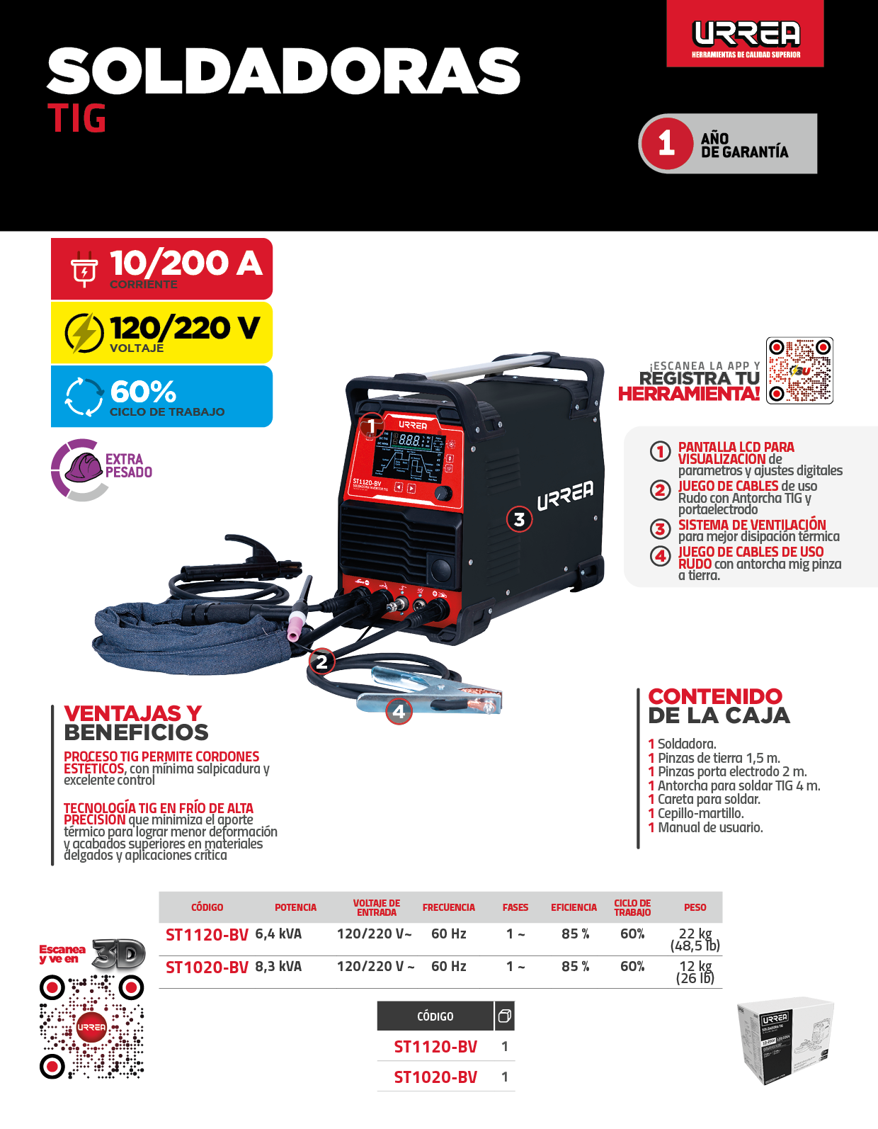 ST1020-BV Soldadora inverter TIG de 1 fase 110 - 220 V, 200 A Urrea - Imagen 2