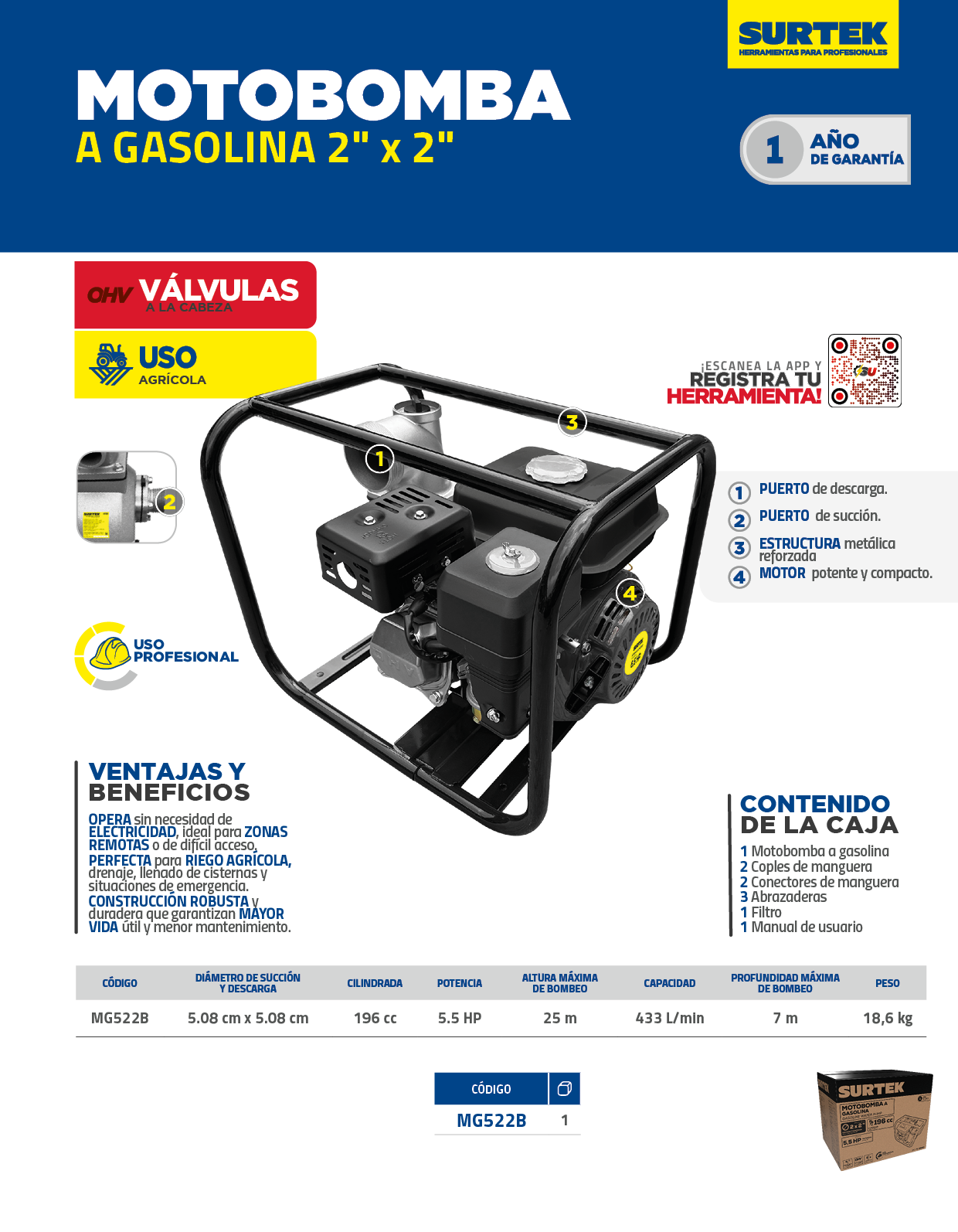 MG522B Motobomba a gasolina con diámetro de succión y descarga de 2x2", 5.5 HP Surtek - Imagen 3
