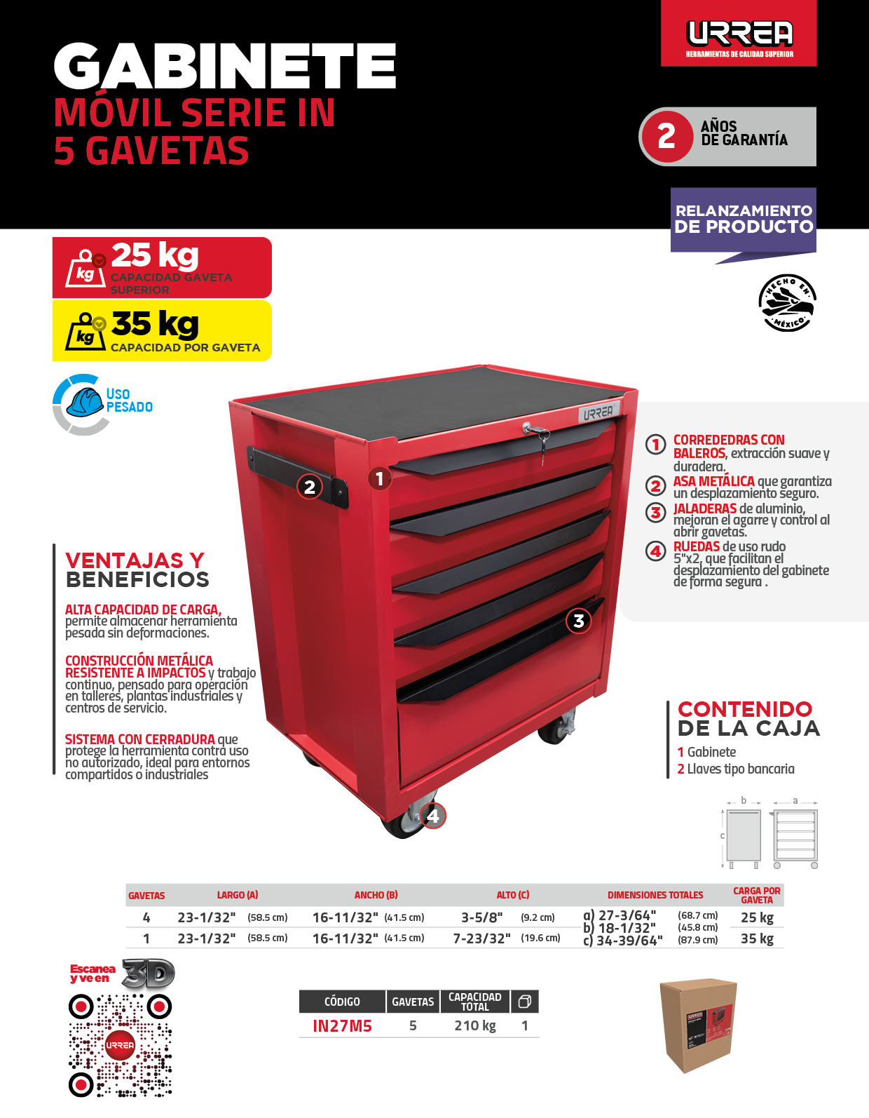 IN27M5 Gabinete móvil 5 gavetas 27" manija color negro seria IN Urrea - Imagen 9