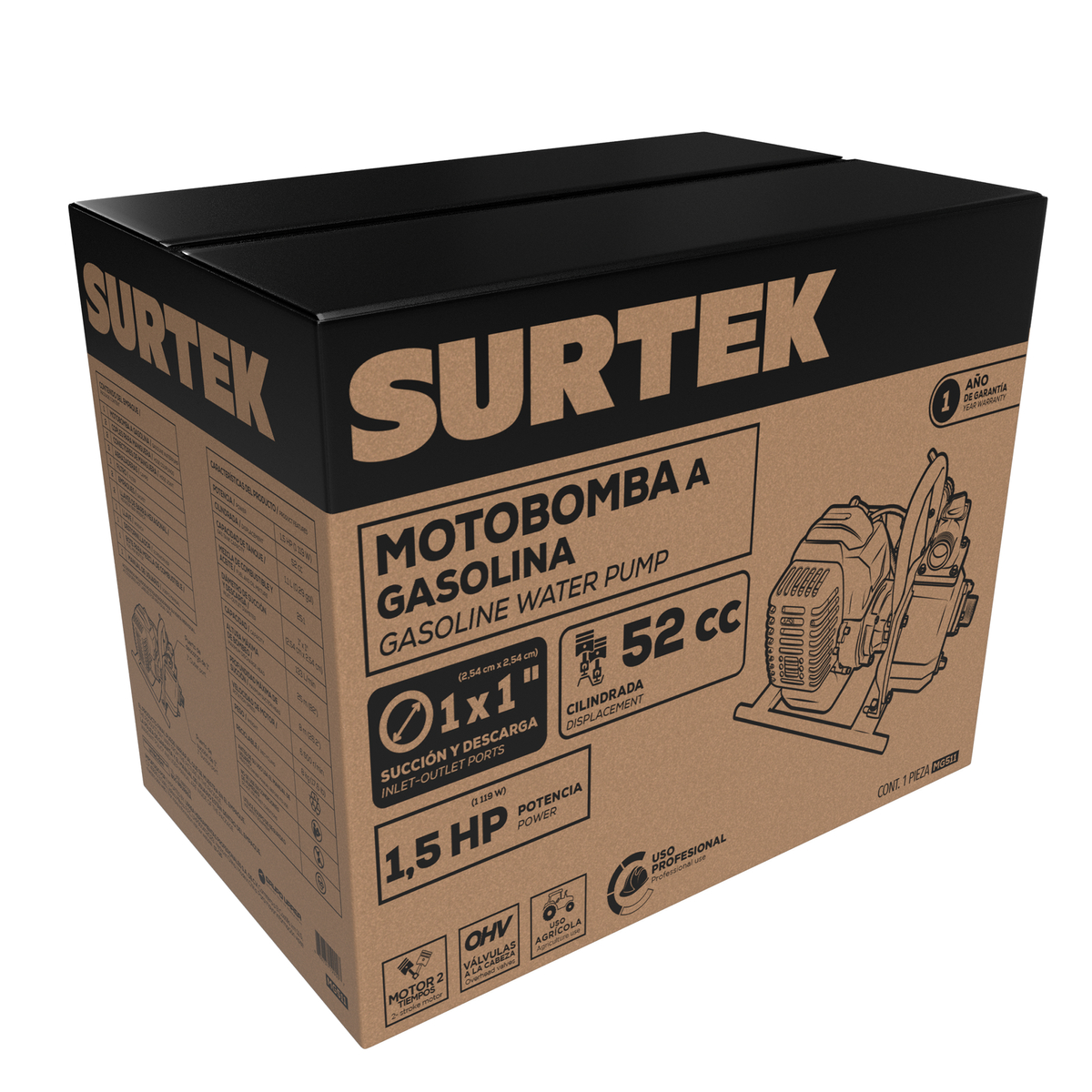 MG511 Motobomba a gasolina con diámetro de succión y descarga de 1x1", 1.5 HP Surtek - Imagen 2