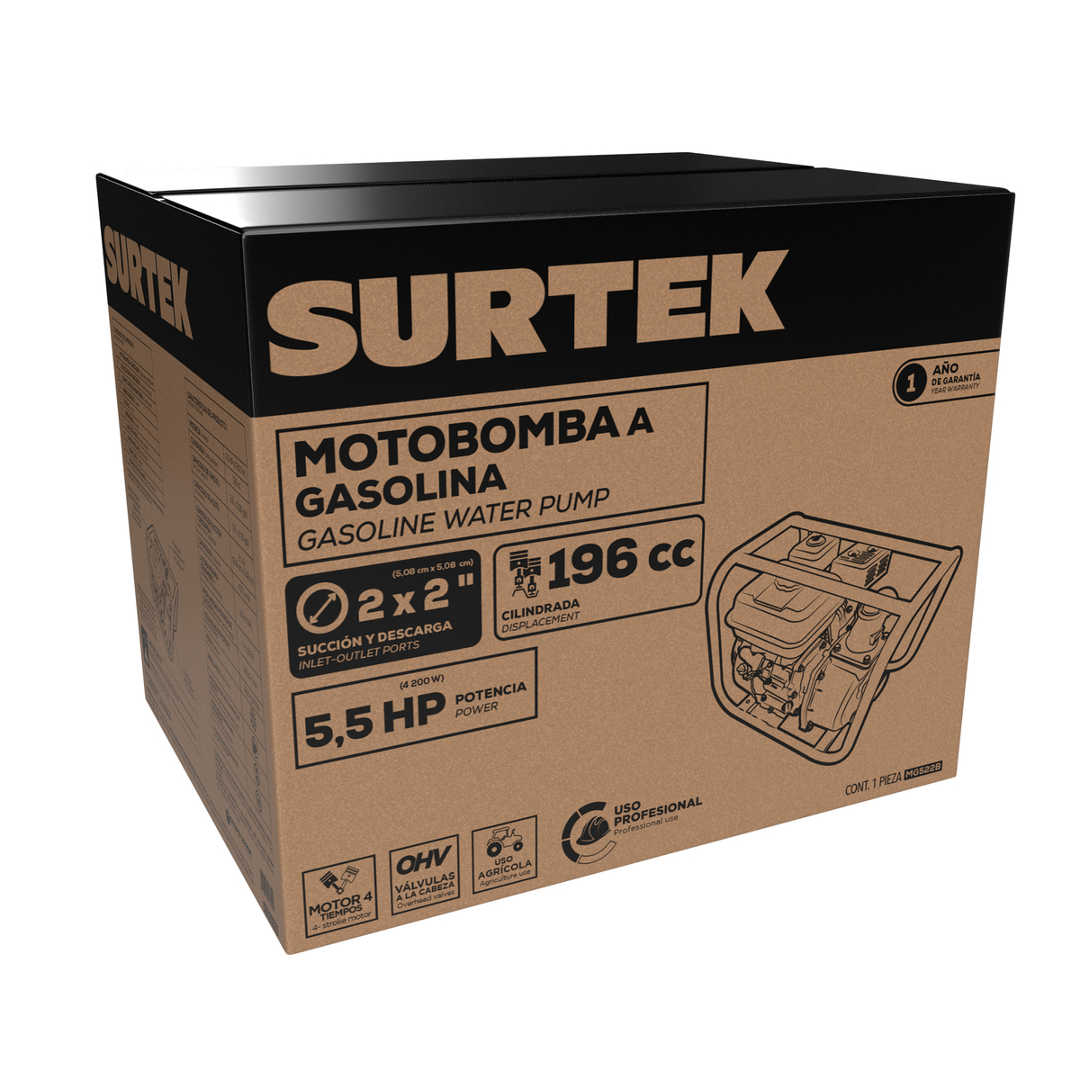 MG522B Motobomba a gasolina con diámetro de succión y descarga de 2x2", 5.5 HP Surtek - Imagen 2