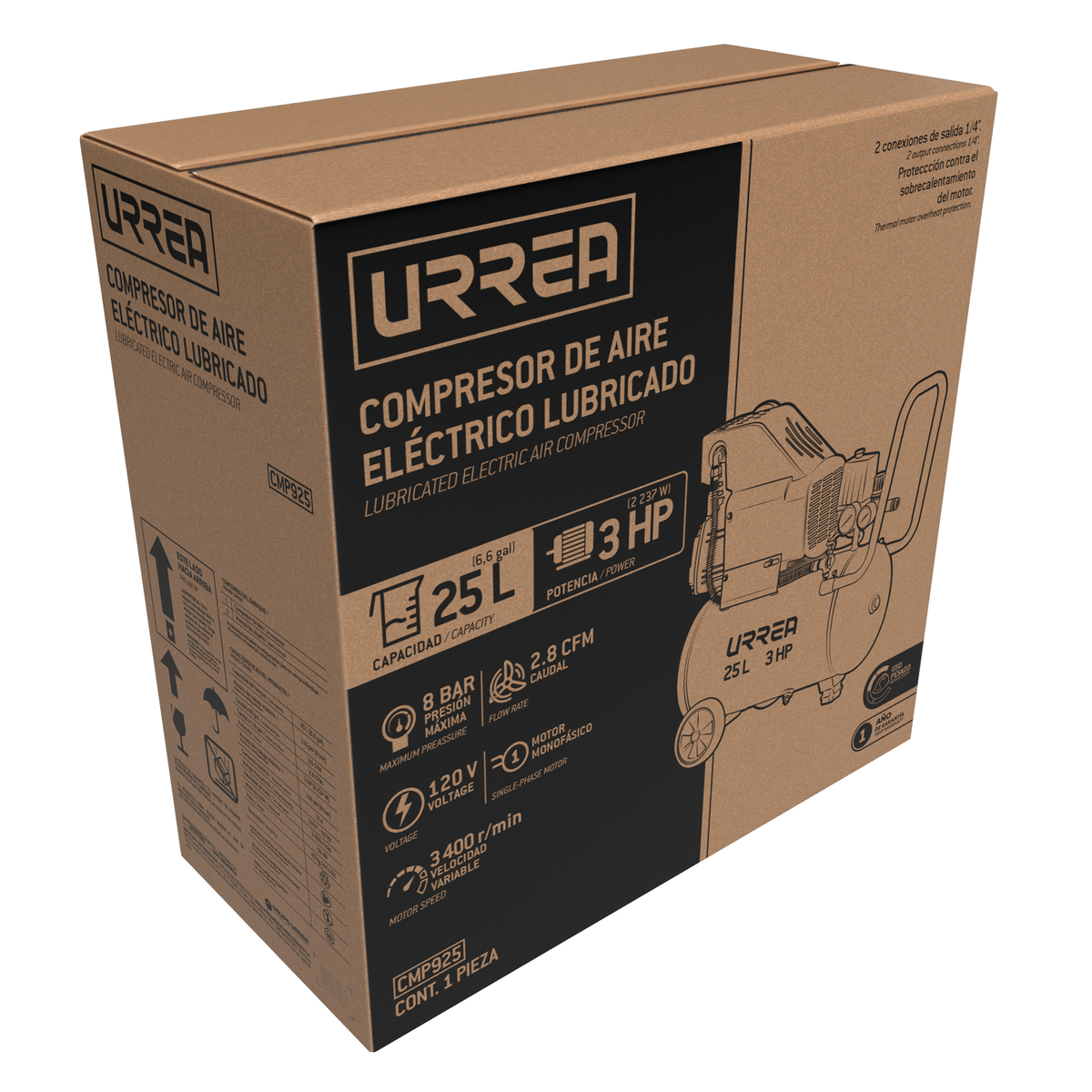 CMP925 Compresor de aire eléctrico lubricado 25L, 3HP, 120V Urrea - Imagen 2