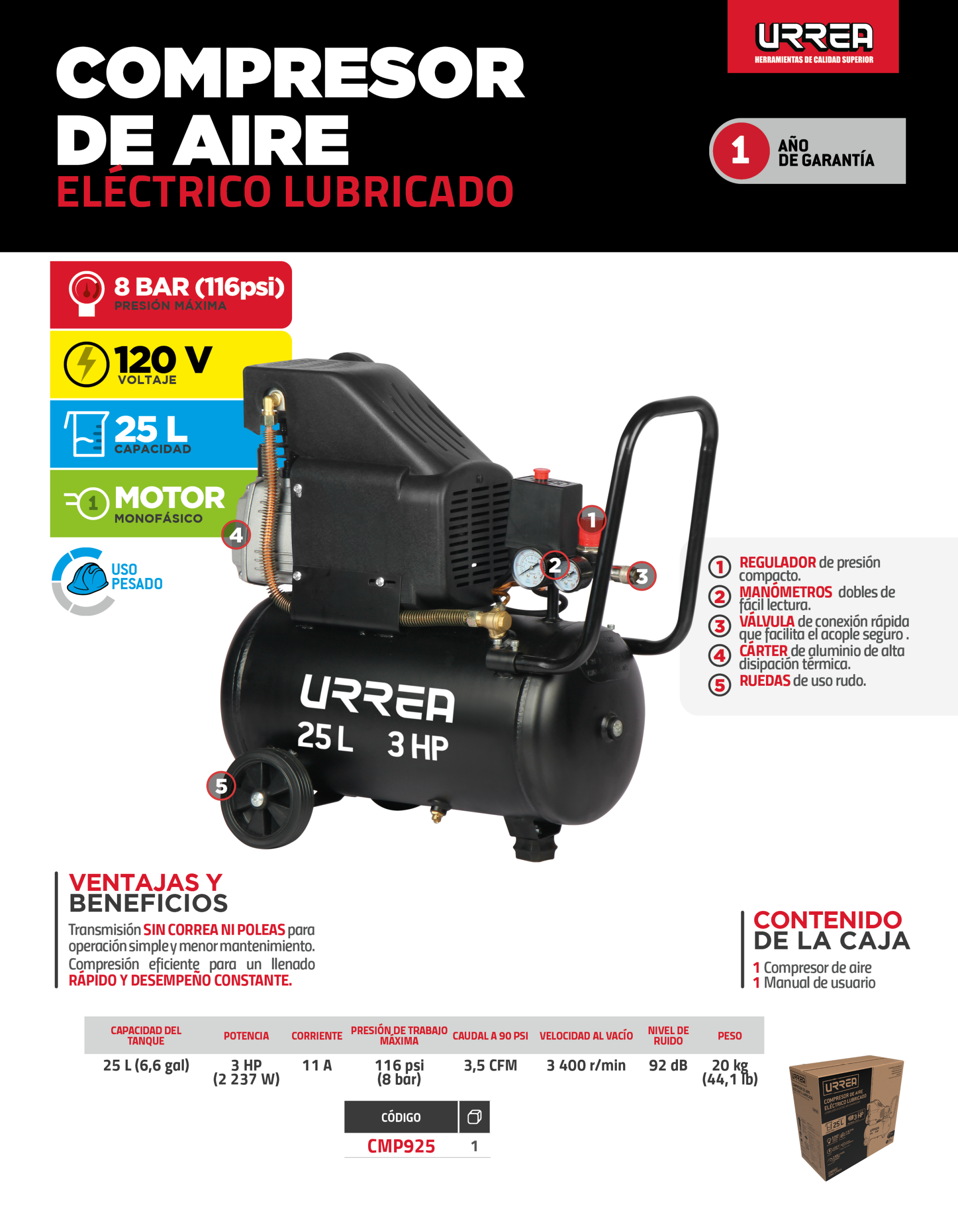 CMP925 Compresor de aire eléctrico lubricado 25L, 3HP, 120V Urrea - Imagen 3