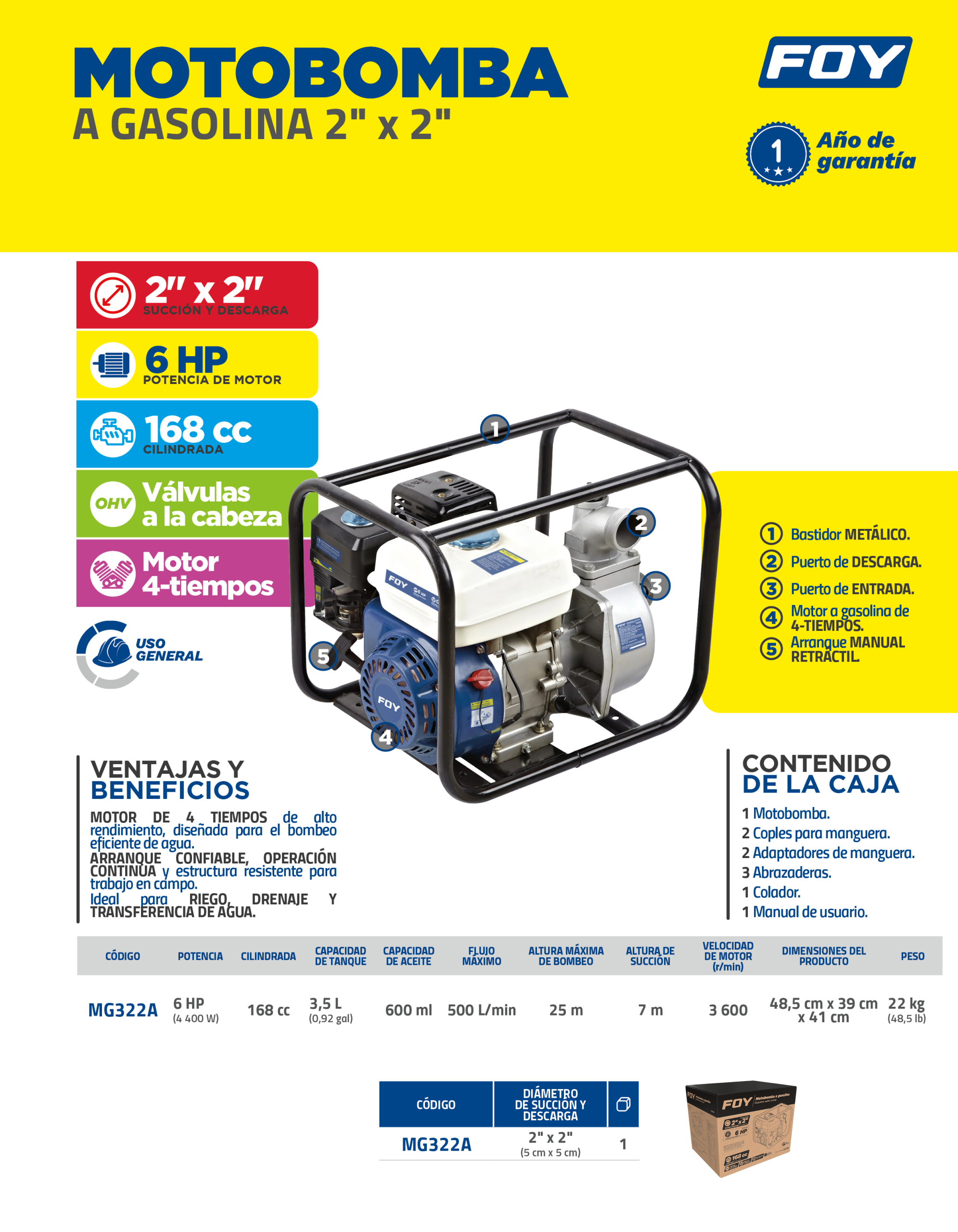 MG322A Motobomba a gasolina con diámetro de succión y descarga de 2 x 2", 6 HP Foy - Imagen 3