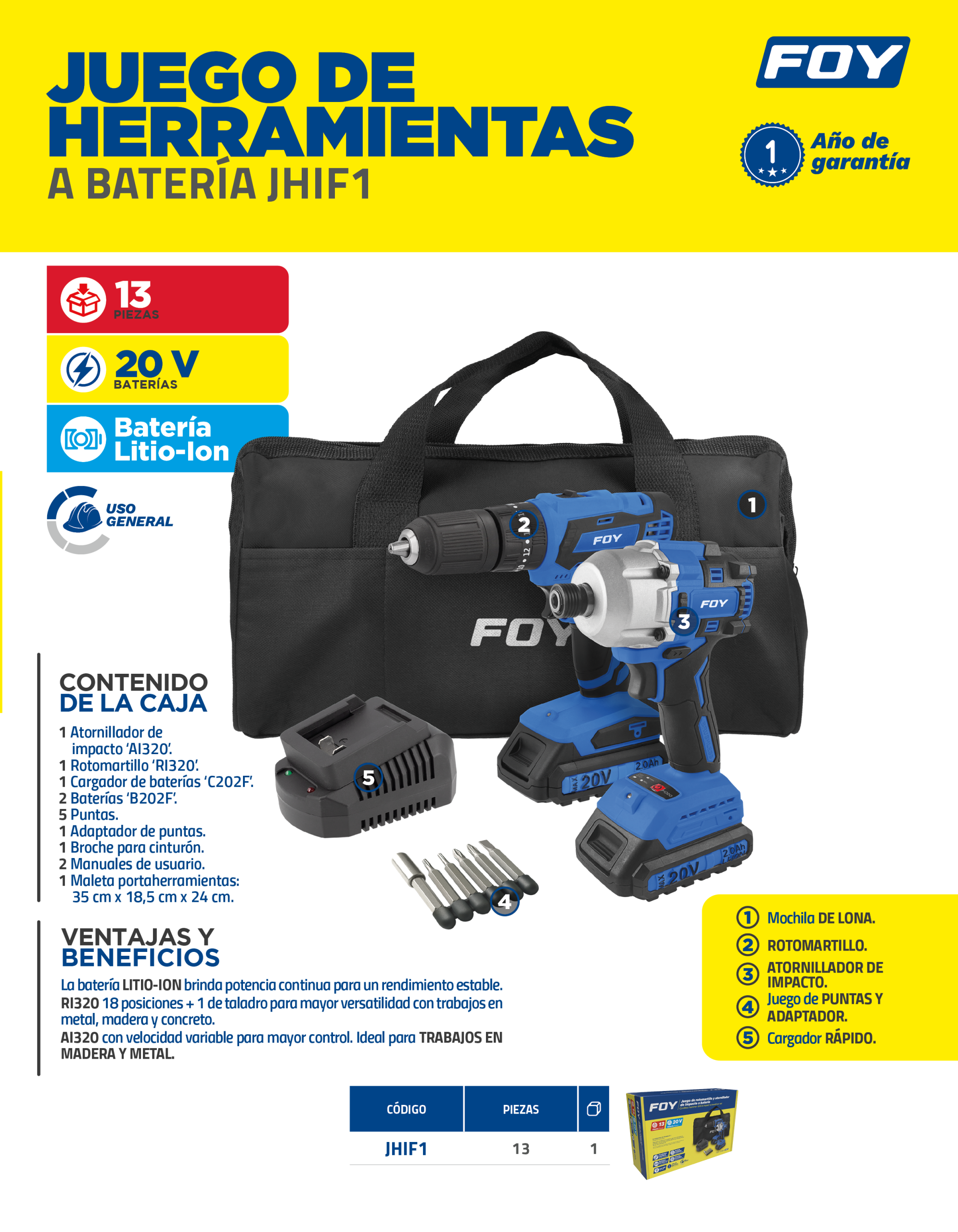 JHIF1 Juego de rotomartillo y atornillador de impacto a batería Li-ion 20 V, 2 piezas en mochila Foy - Imagen 3