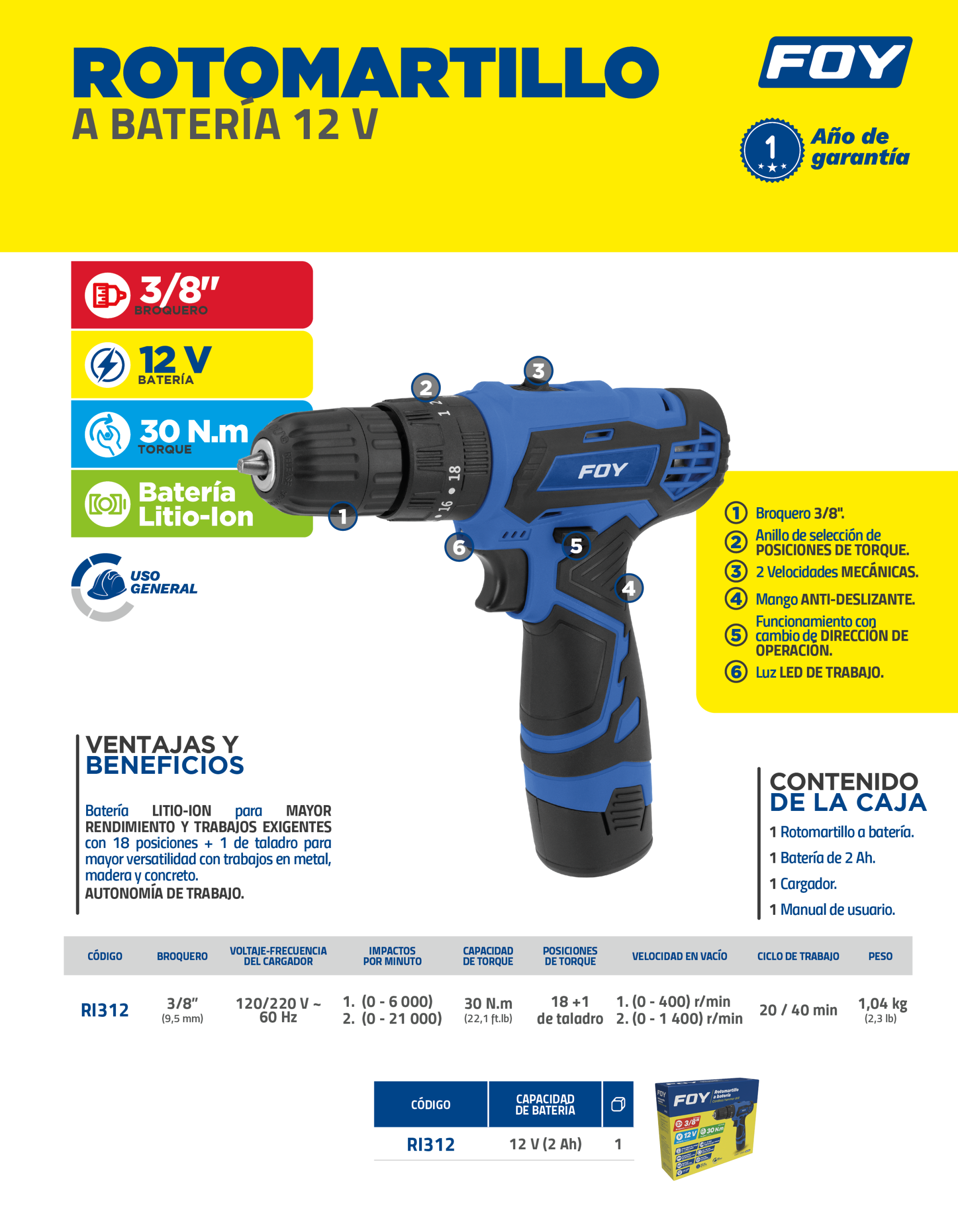 RI312 Rotomartillo de impacto 3/8" a batería Litio-ion 12 V, 30 Nm Foy - Imagen 3