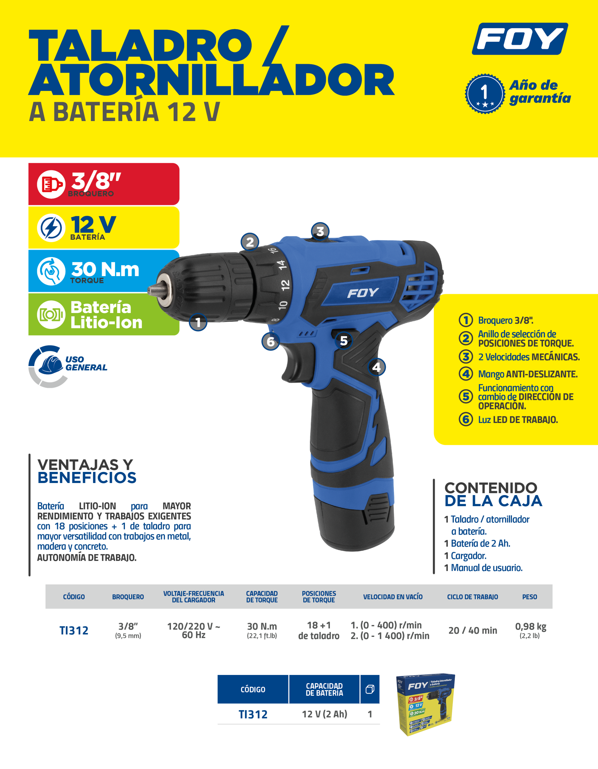TI312 Taladro/atornillador 3/8" batería de Litio-ion 12 V, 30 Nm Foy - Imagen 3