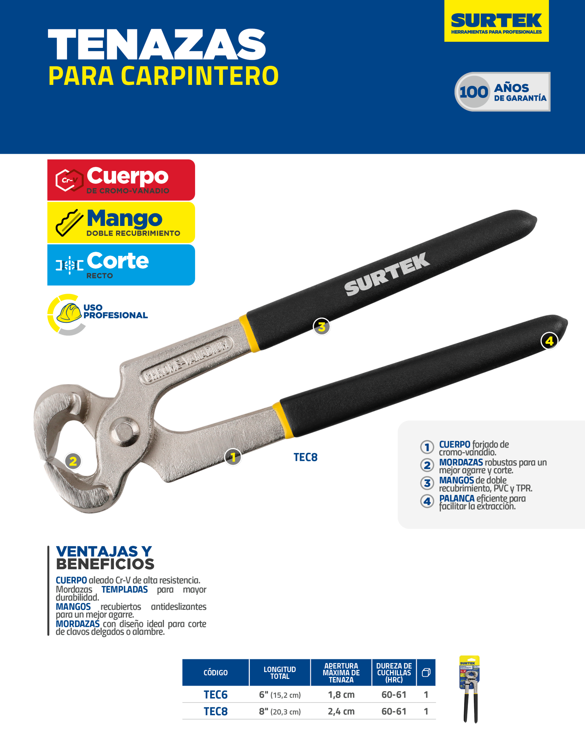 TEC8 Tenaza para carpintero mango con doble recubrimiento 8" Surtek - Imagen 3