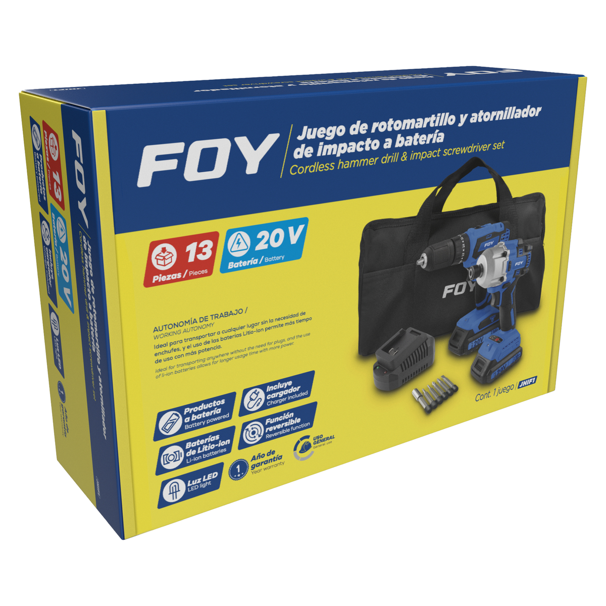 JHIF1 Juego de rotomartillo y atornillador de impacto a batería Li-ion 20 V, 2 piezas en mochila Foy - Imagen 2