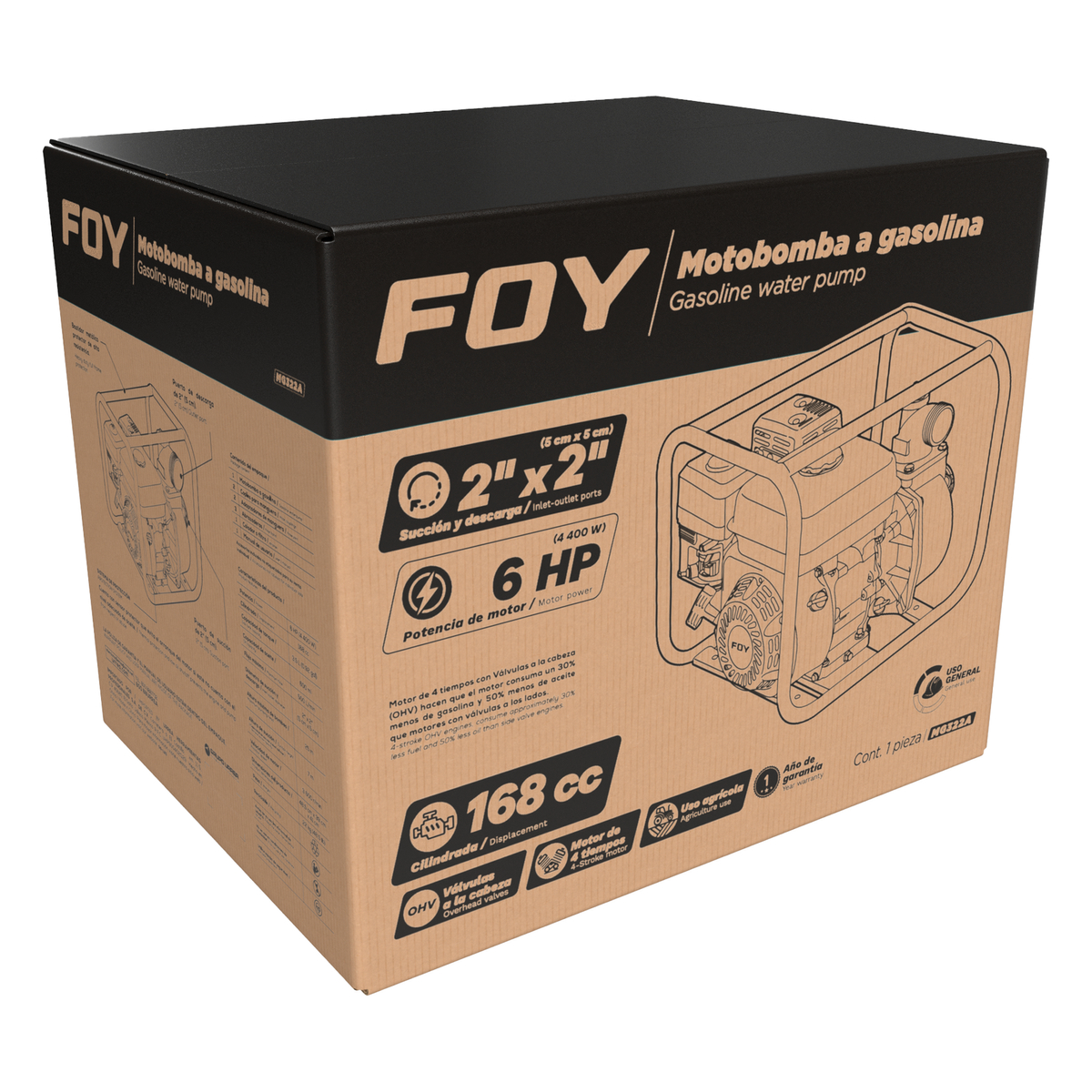 MG322A Motobomba a gasolina con diámetro de succión y descarga de 2 x 2", 6 HP Foy - Imagen 2