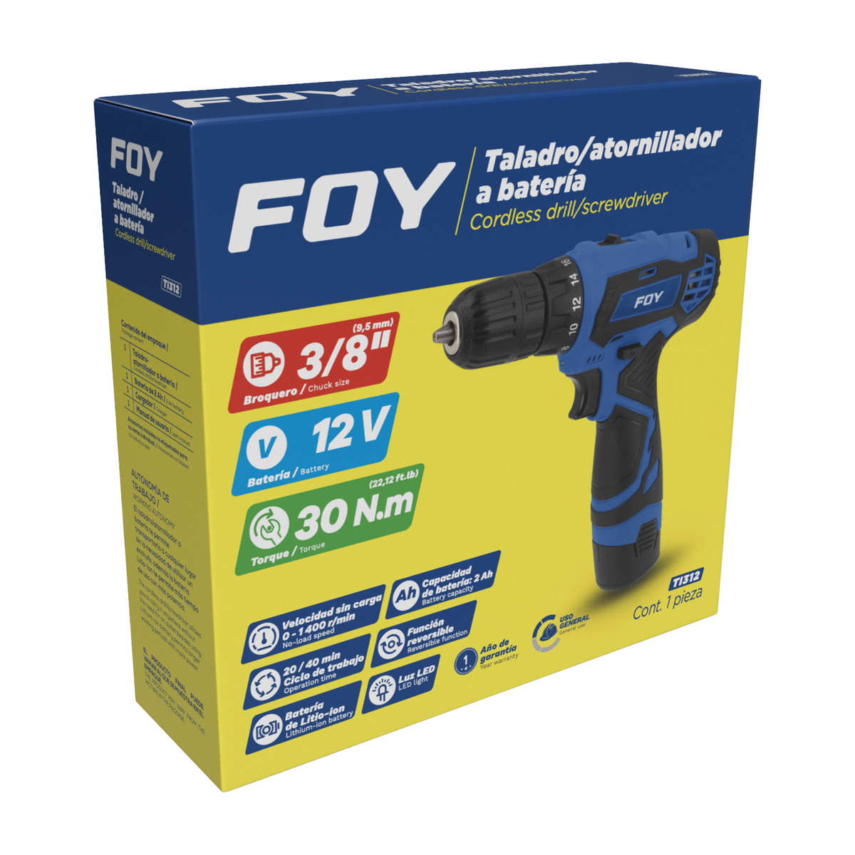 TI312 Taladro/atornillador 3/8" batería de Litio-ion 12 V, 30 Nm Foy - Imagen 2
