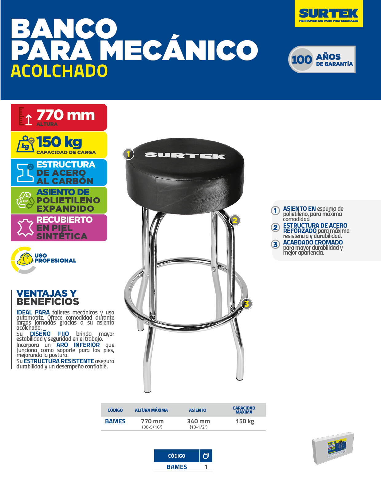 BAMES Banco para mecánico acolchonado color negro, 77 cm Surtek - Imagen 3