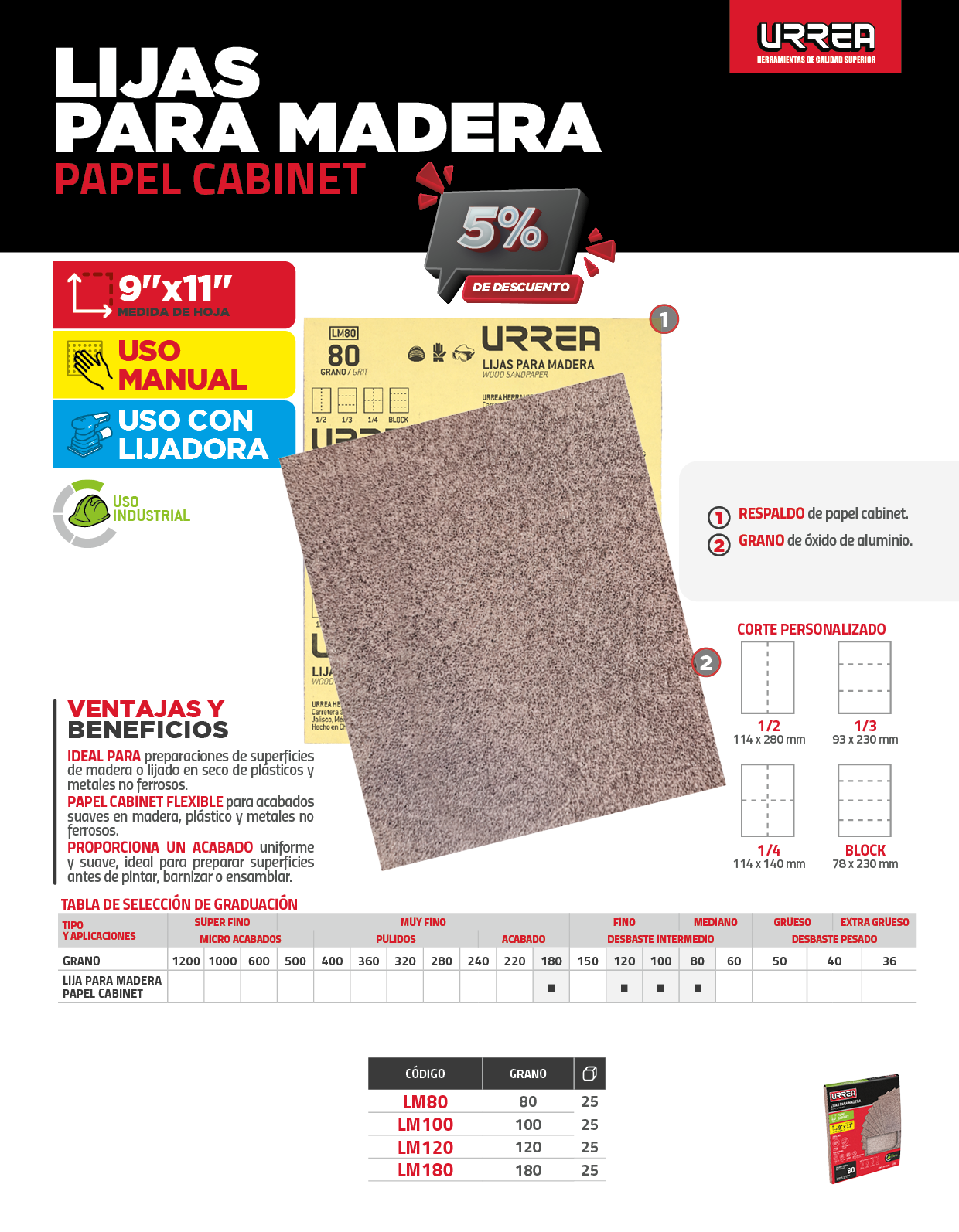 LM100 Lija de papel cabinet para madera, grano 100 Urrea - Imagen 3