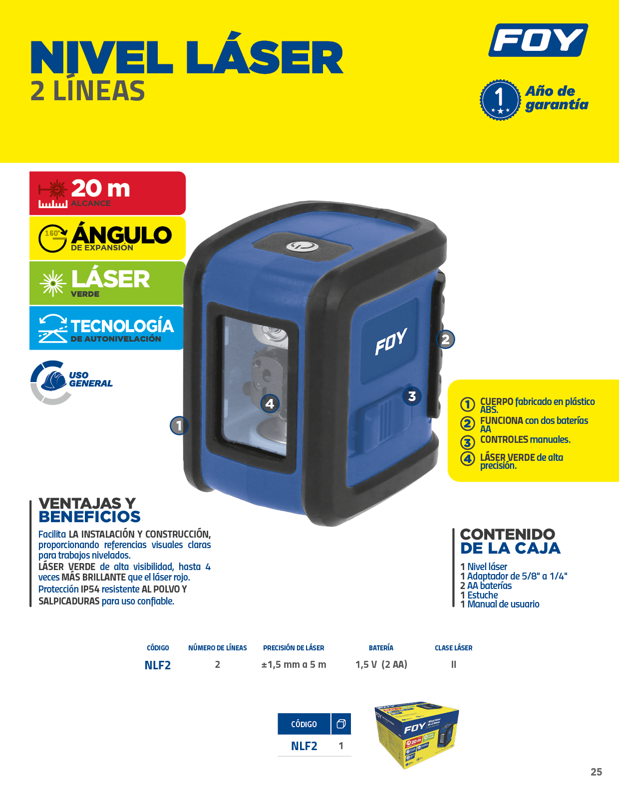 NLF2 Nivel láser 2 líneas horizontal y vertical 180°/90°, alcance maximo de 20 m Foy - Imagen 3