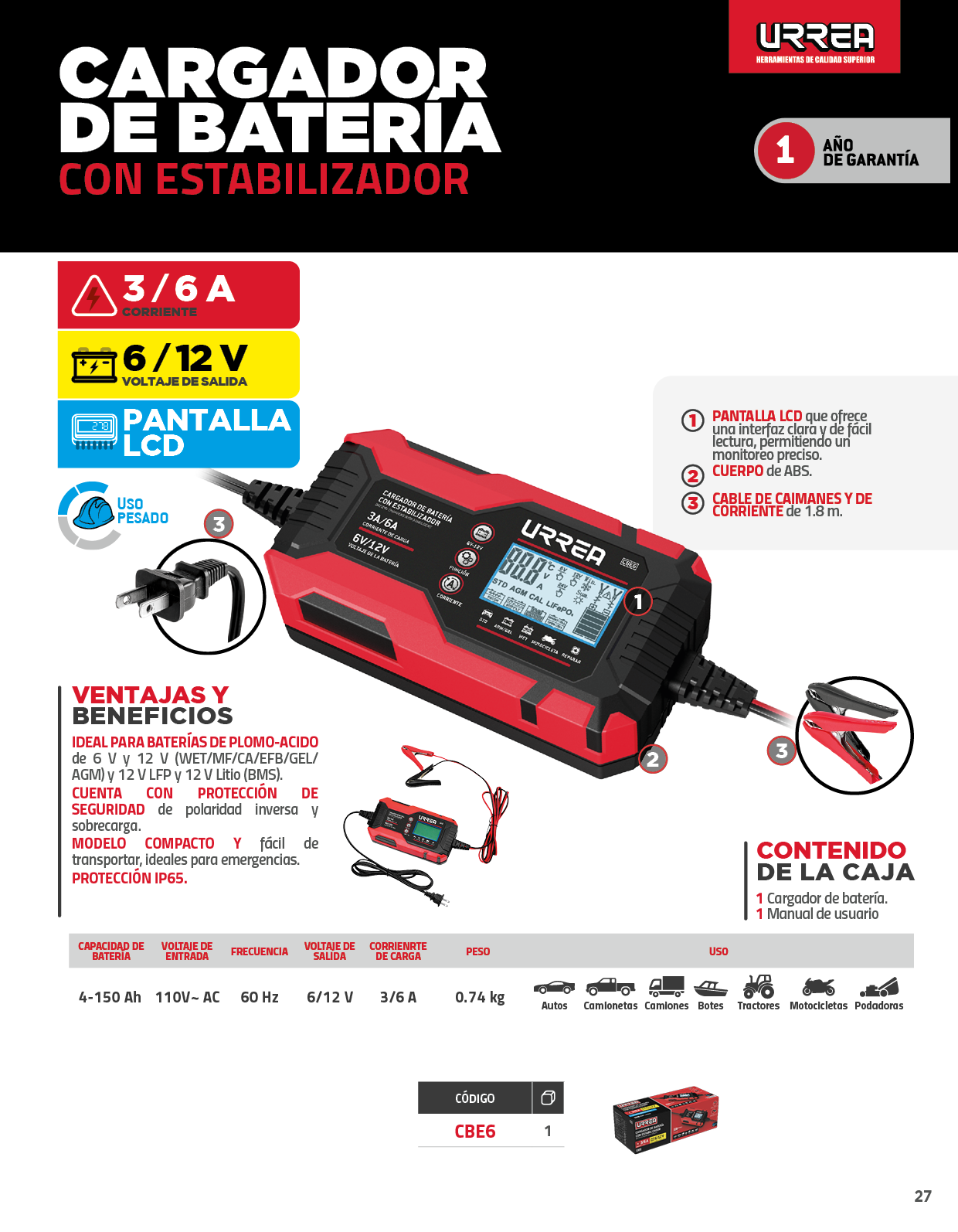 CBE6 Cargador de bateria con estabilizador 3A y 6A, 6VDC, 12VDC Urrea - Imagen 4