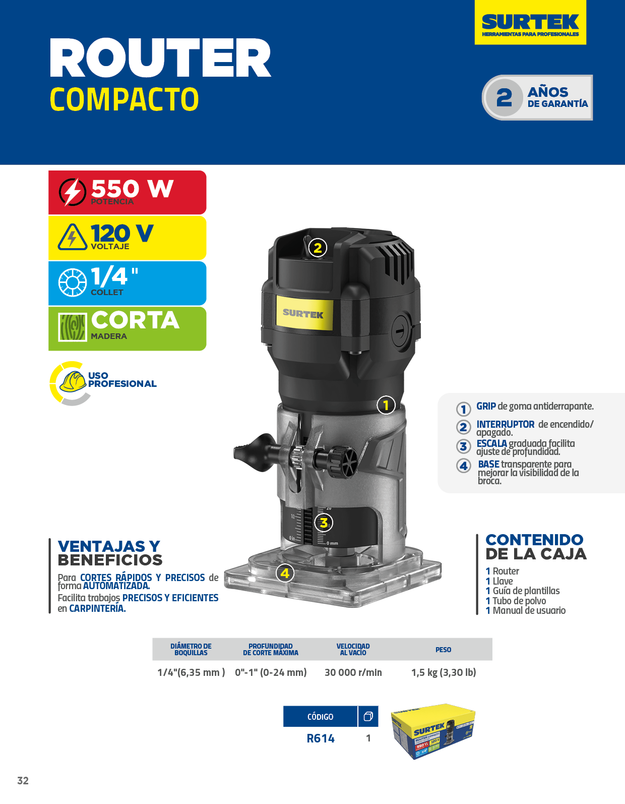 R614 Router 1/4" 550 W 120 V, 30000 RPM, compacto Surtek - Imagen 3