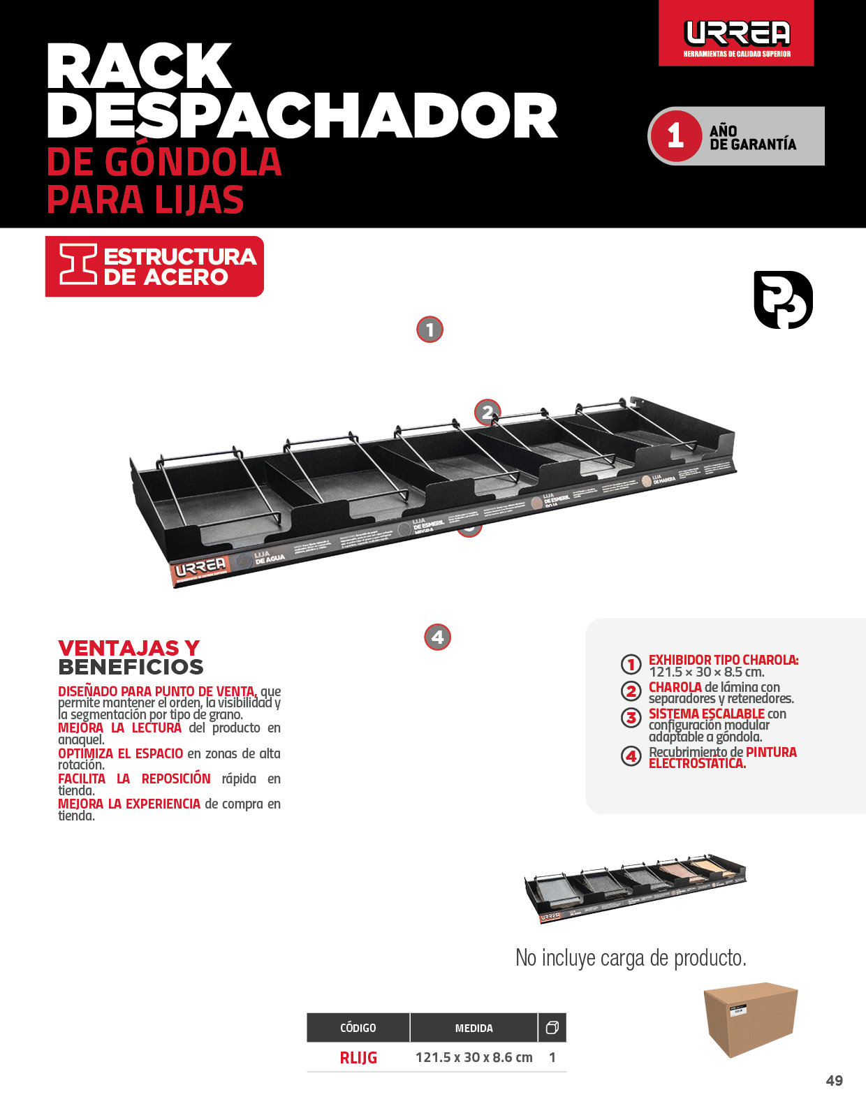 RLIJG Rack despachador de góndola para lijas, 5 charolas, 122 x 30 cm Urrea - Imagen 3