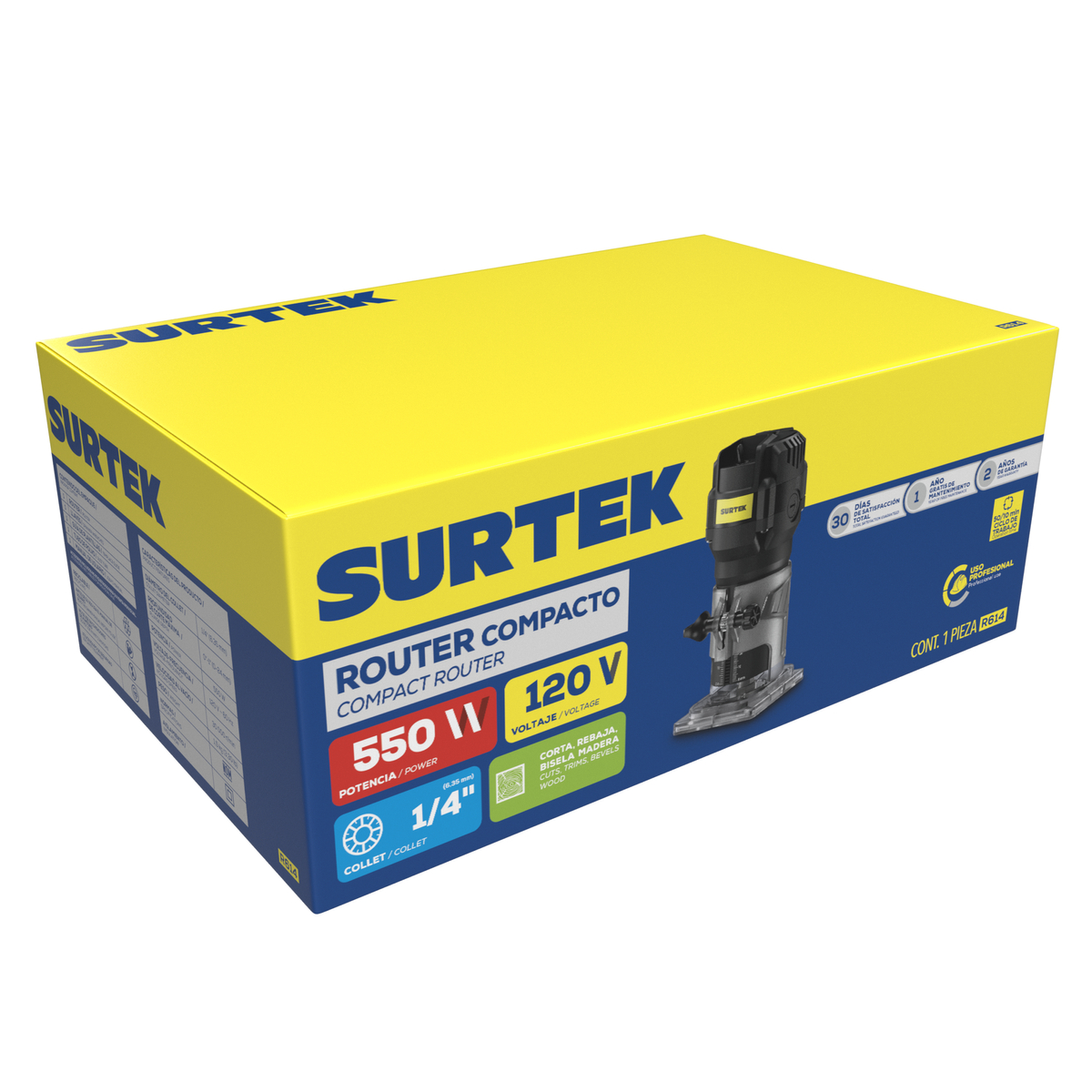 R614 Router 1/4" 550 W 120 V, 30000 RPM, compacto Surtek - Imagen 2