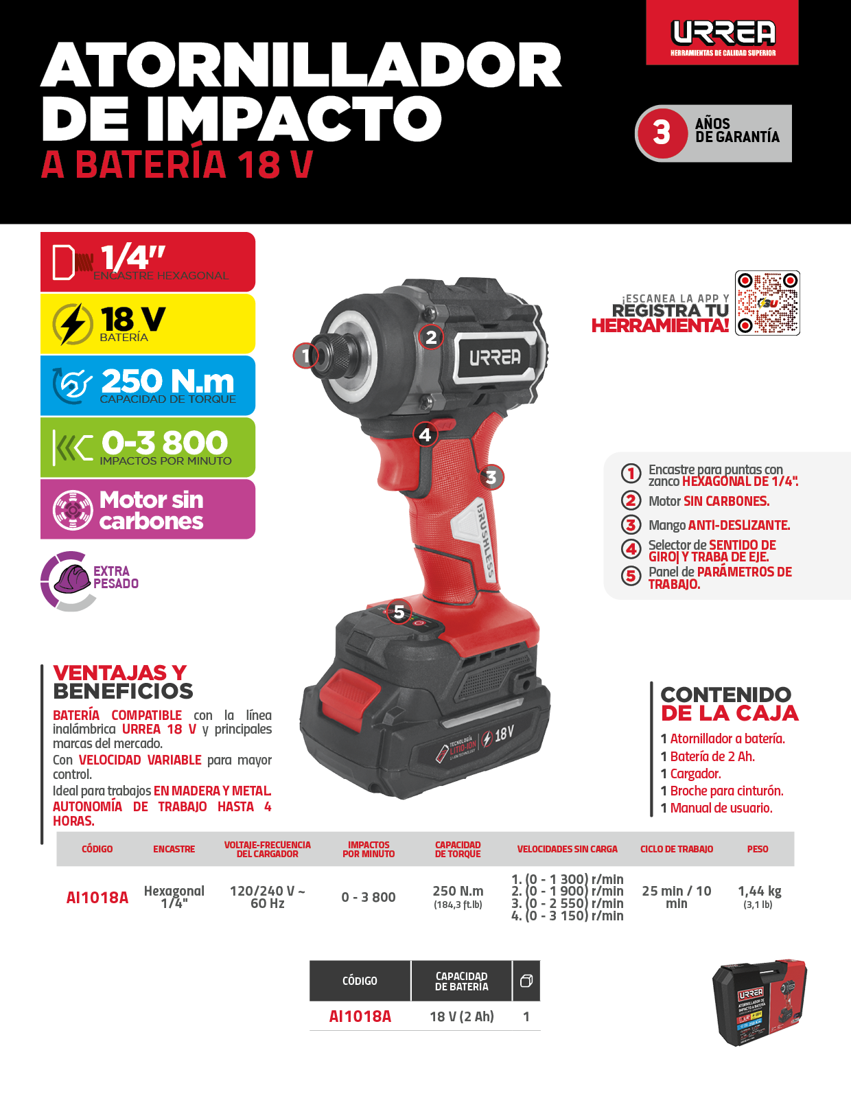 AI1018A Atornillador de impacto 1/4" a batería Litio-ion 18 V, 230 Nm Urrea - Imagen 3