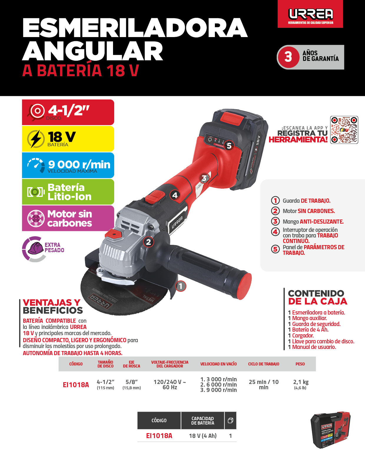 EI1018A Esmeriladora angular 4-1/2" - 5" Litio-ion 18 V 4 Ah Urrea - Imagen 3