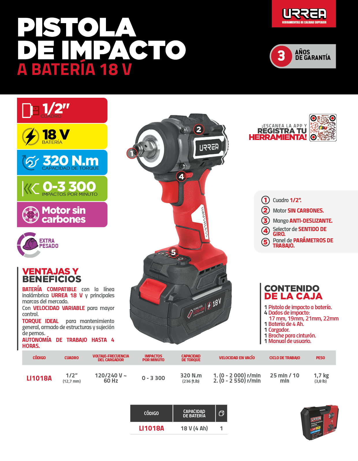 LI1018A Pistola de impacto 1/2" batería Litio-ion 18 V, 320 Nm Urrea - Imagen 3