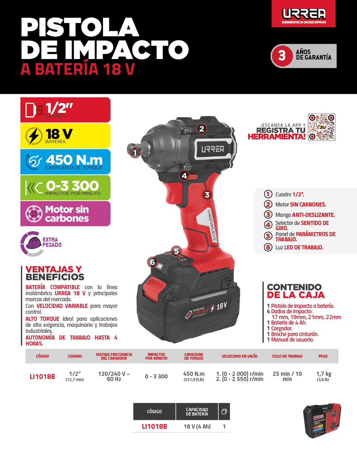 LI1018B Pistola de impacto 1/2" batería Litio-ion 18 V, 450 Nm Urrea - Imagen 3
