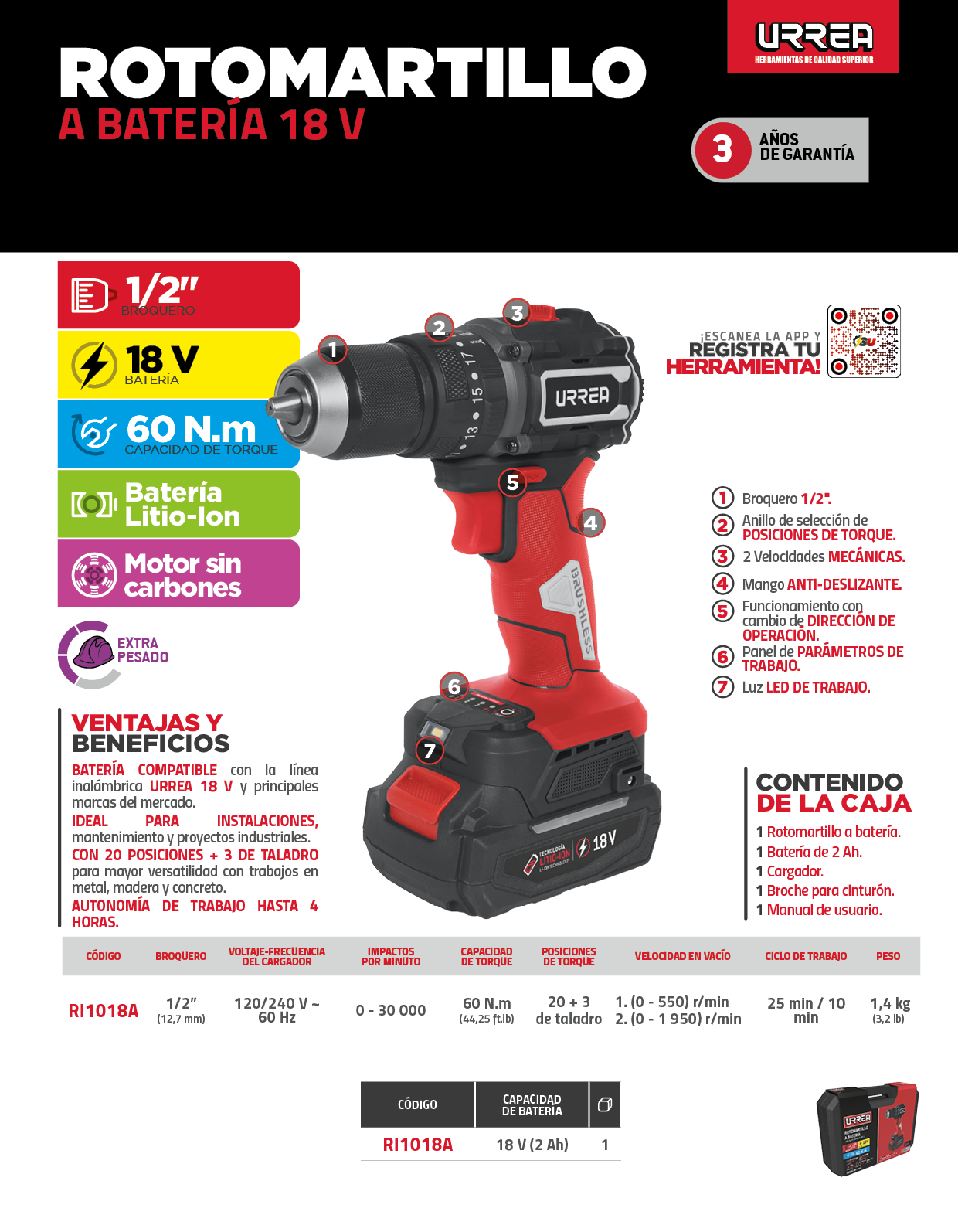 RI1018A Rotomartillo de impacto 1/2" bat Litio-ion 18 V 60 Nm Urrea - Imagen 3