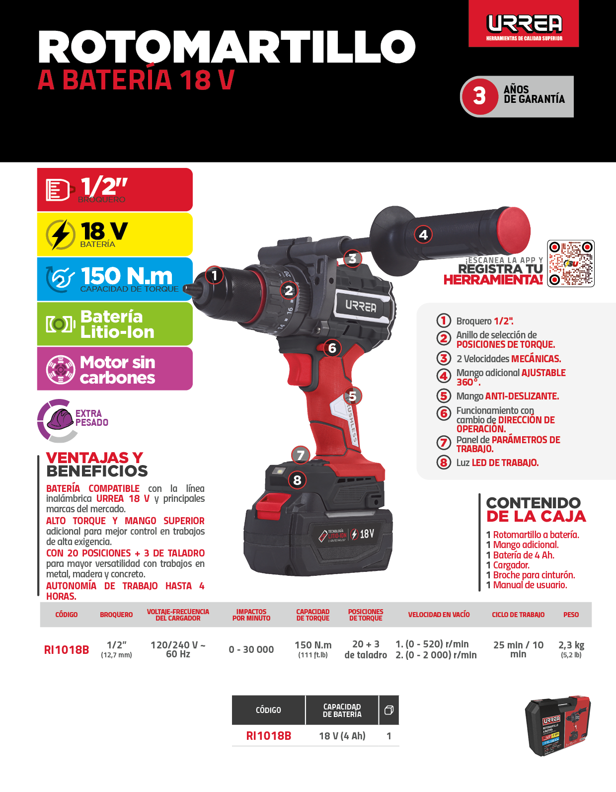 RI1018B Rotomartillo de impacto 1/2" bat Litio-ion 18 V 150 Nm Urrea - Imagen 3