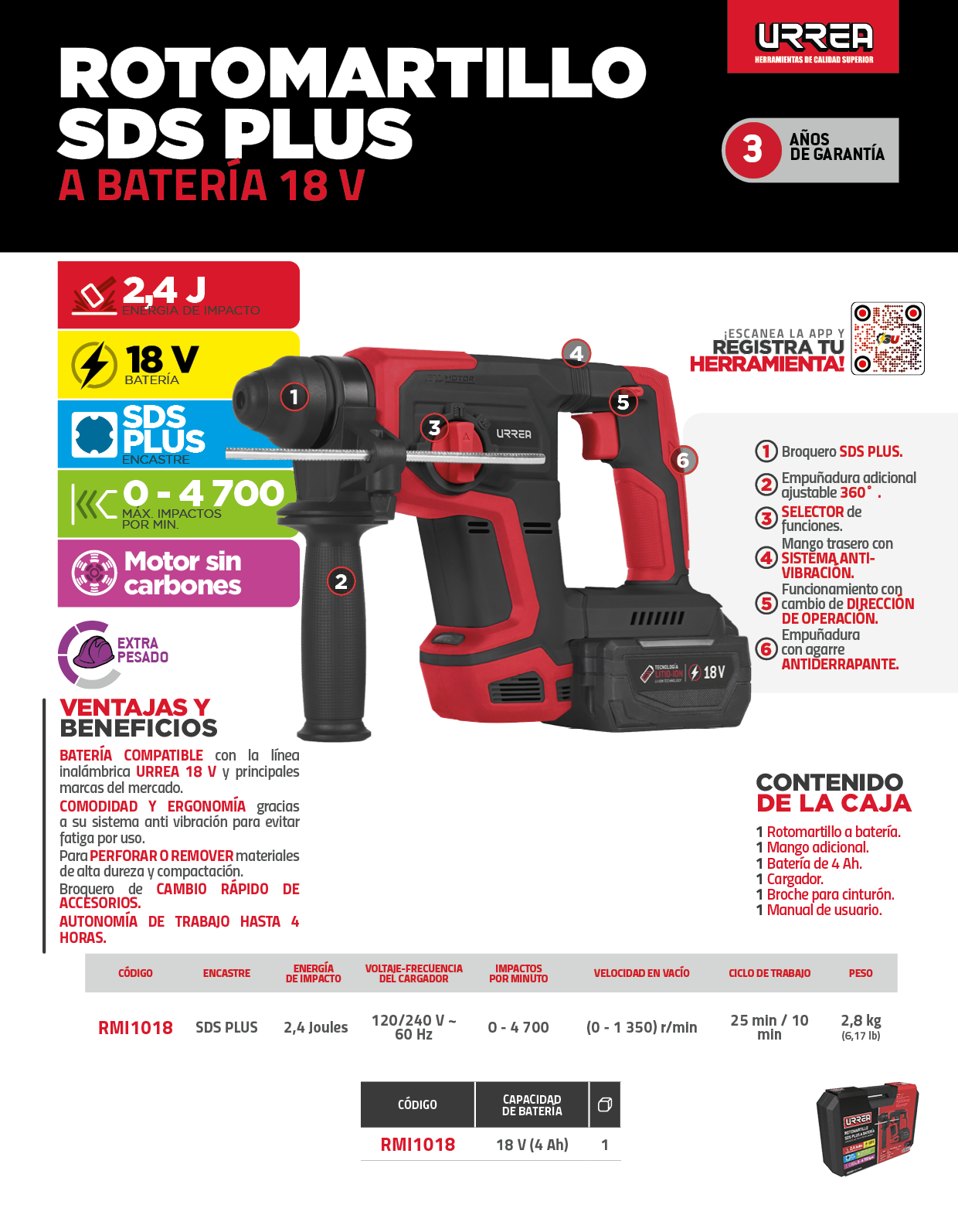 RMI1018 Rotomartillo de impacto 1/2" SDS Plus a batería Litio-ion 18 V Urrea - Imagen 3
