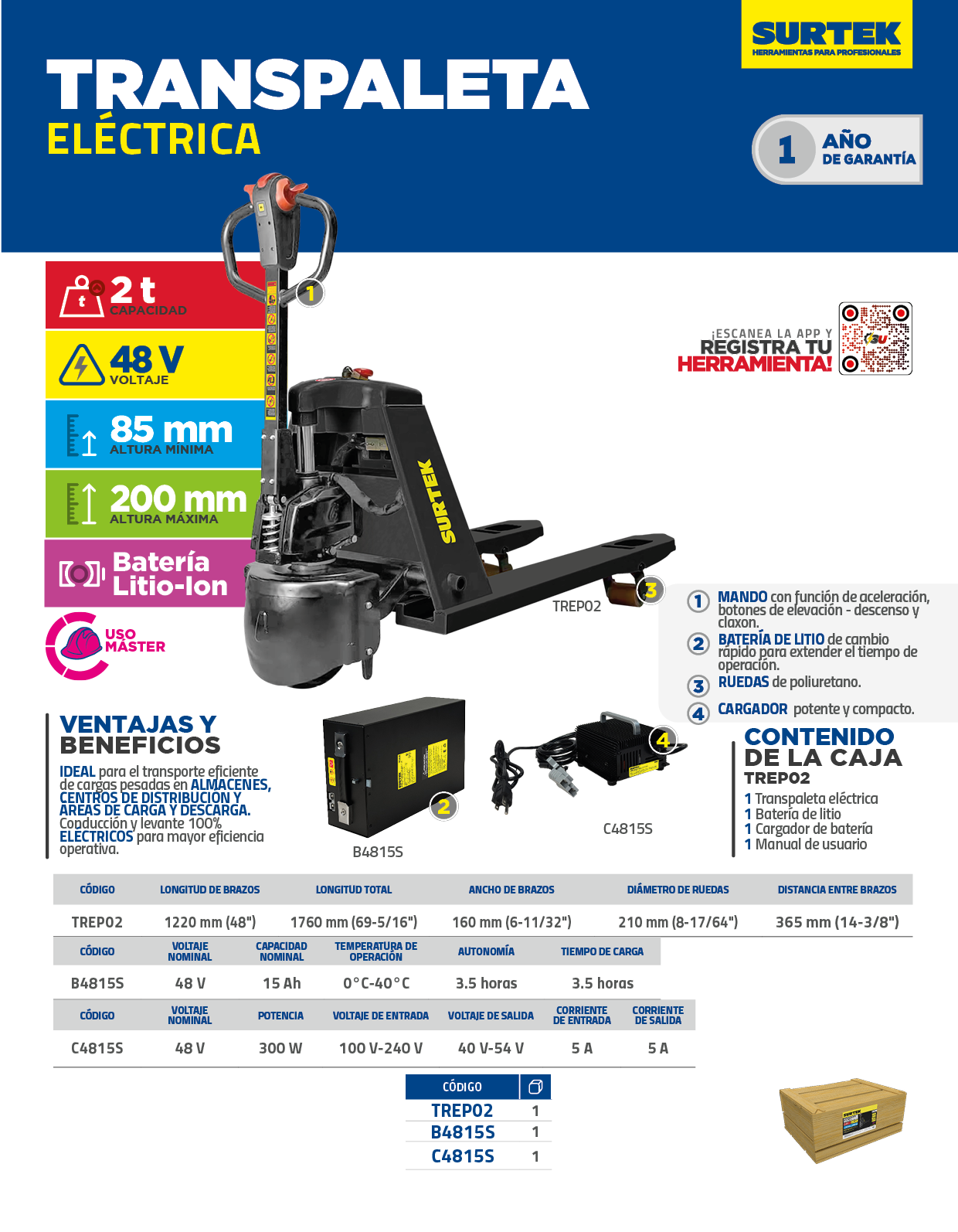 TREP02 Transpaleta eléctrica, 2 ton Surtek - Imagen 3