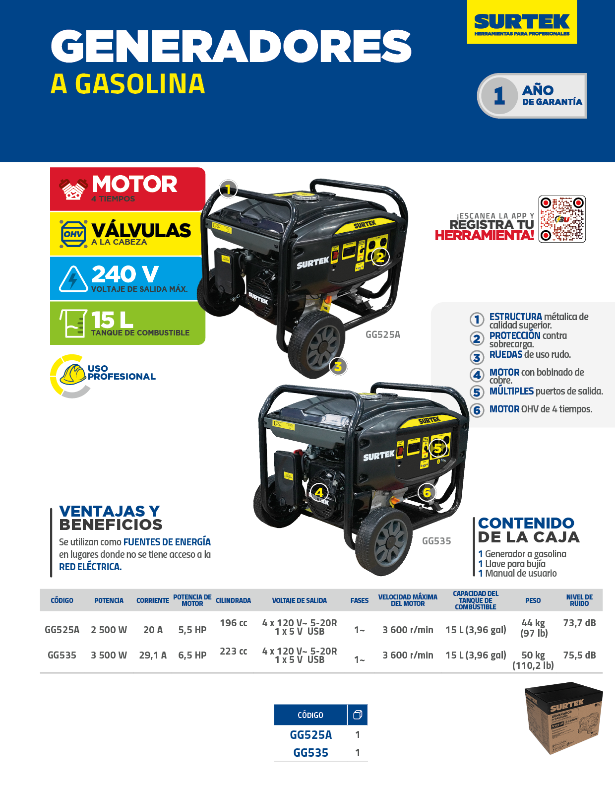 GG525A Generador a gasolina 2500 W, 196 cc 120 V Surtek - Imagen 2