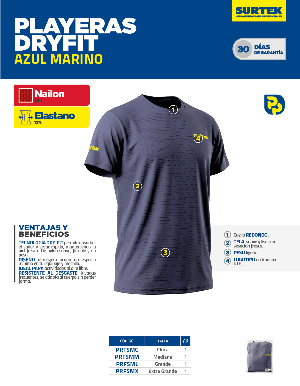 PRFSMM Playera dryfit con cuello redondo color azul marino talla L Surtek - Imagen 2
