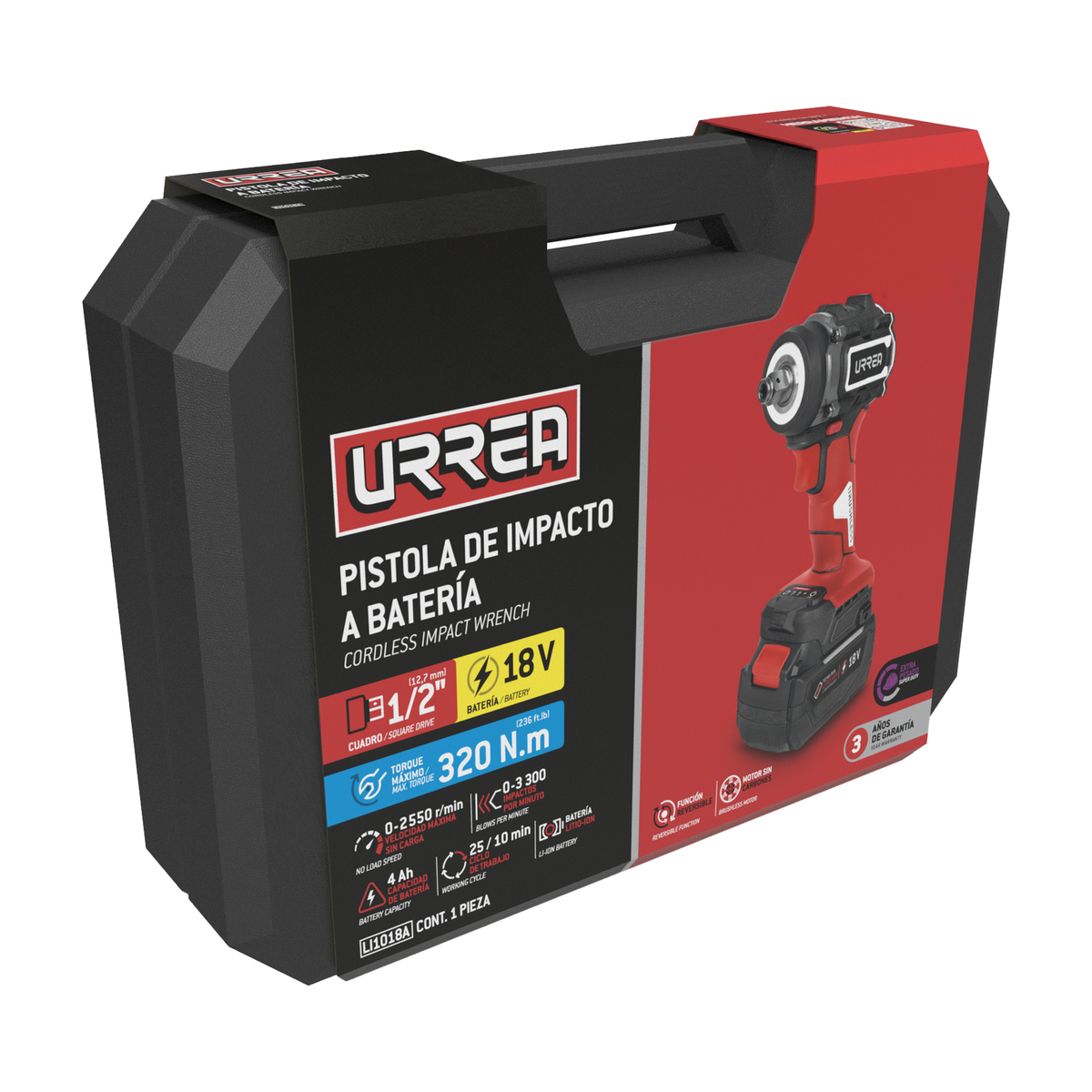 LI1018A Pistola de impacto 1/2" batería Litio-ion 18 V, 320 Nm Urrea - Imagen 2