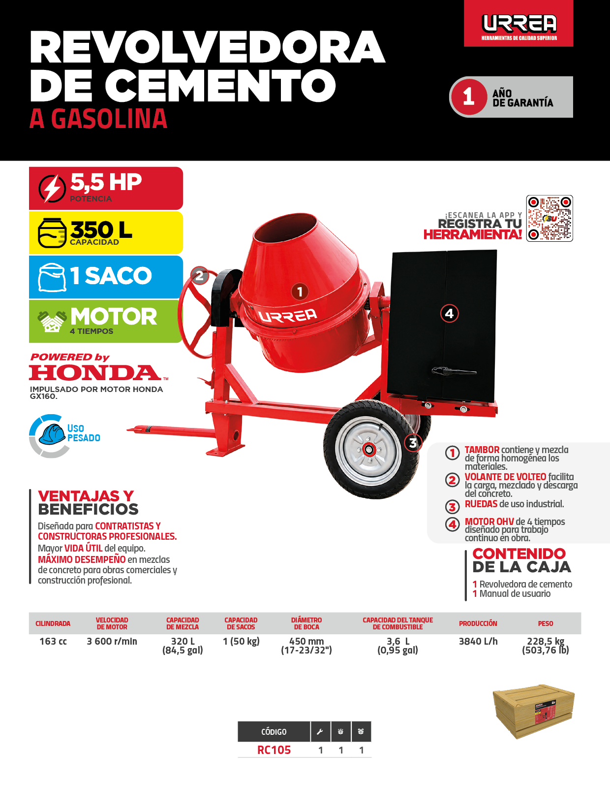 RC105 Revolvedora de cemento a gasolina de 1 saco, 320 L, 5 HP Urrea - Imagen 3