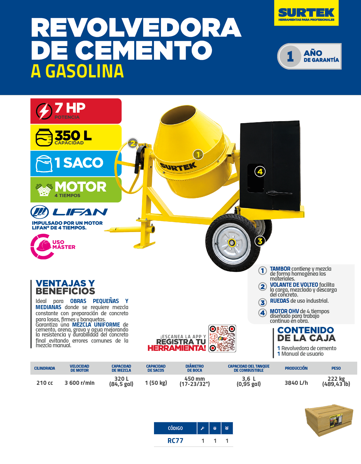 RC77 Revolvedora de cemento a gasolina de 1 saco, 320 L, 7 HP Surtek - Imagen 3