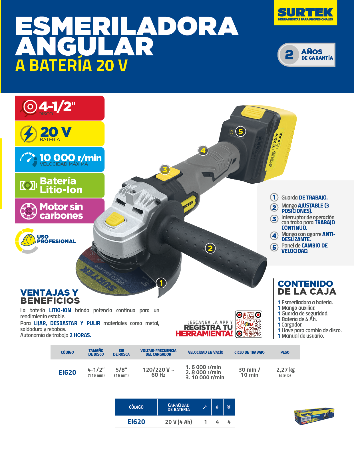 EI620 Esmeriladora angular a batería Litio-ion 5" 20 V, 10000 RPM Surtek - Imagen 3